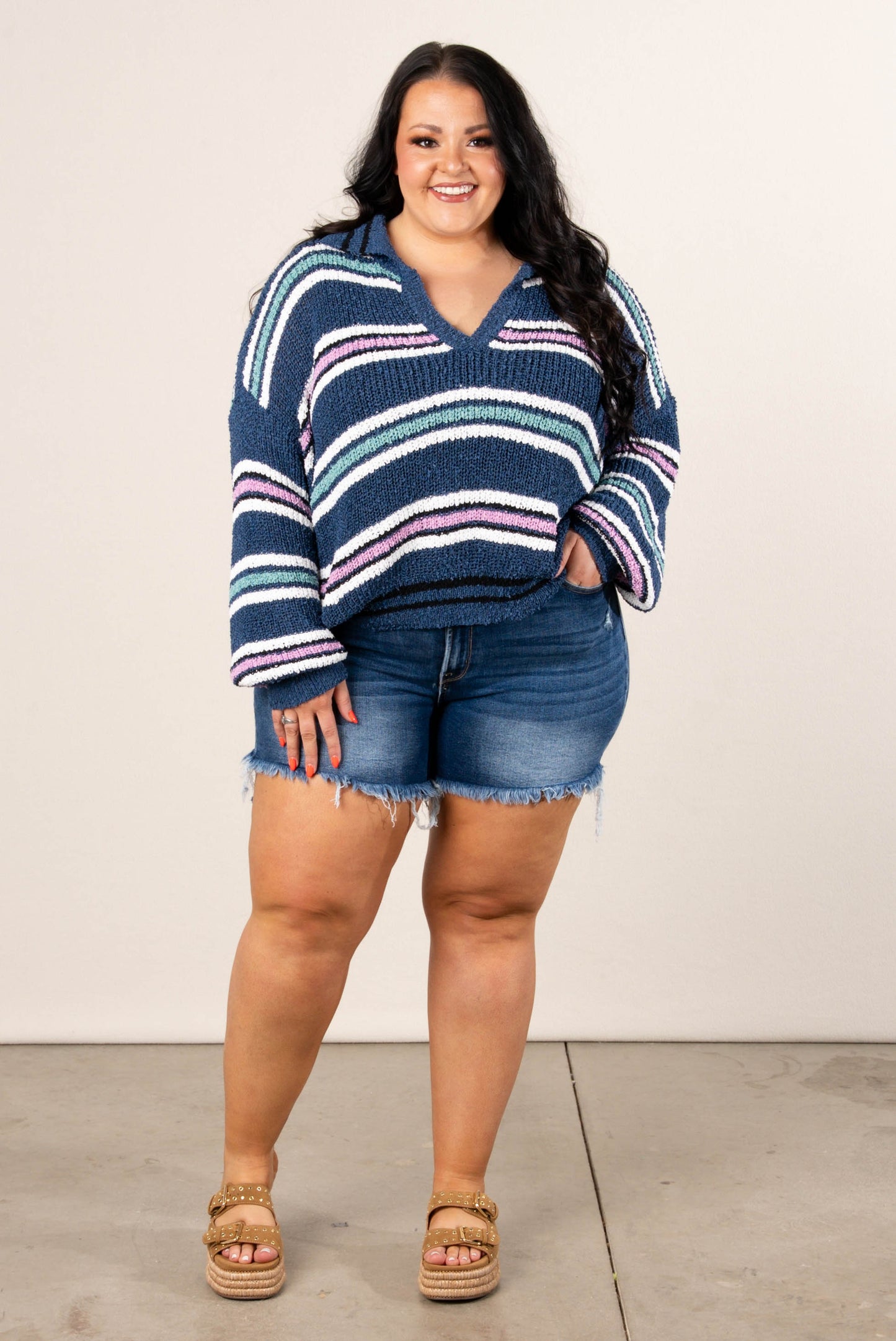 Striped Knit Collared Sweater