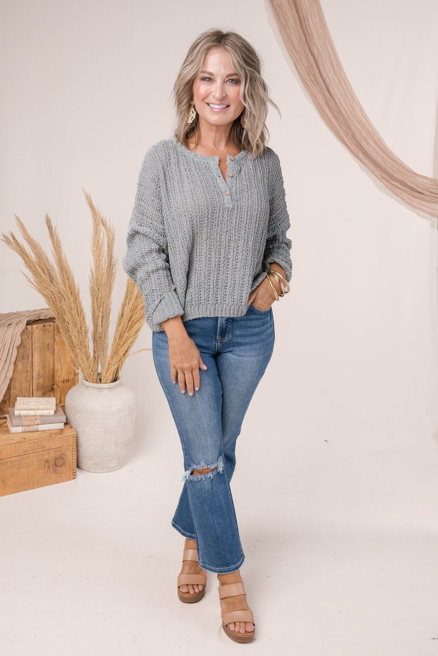 Open Knit Cropped Henley Sweater