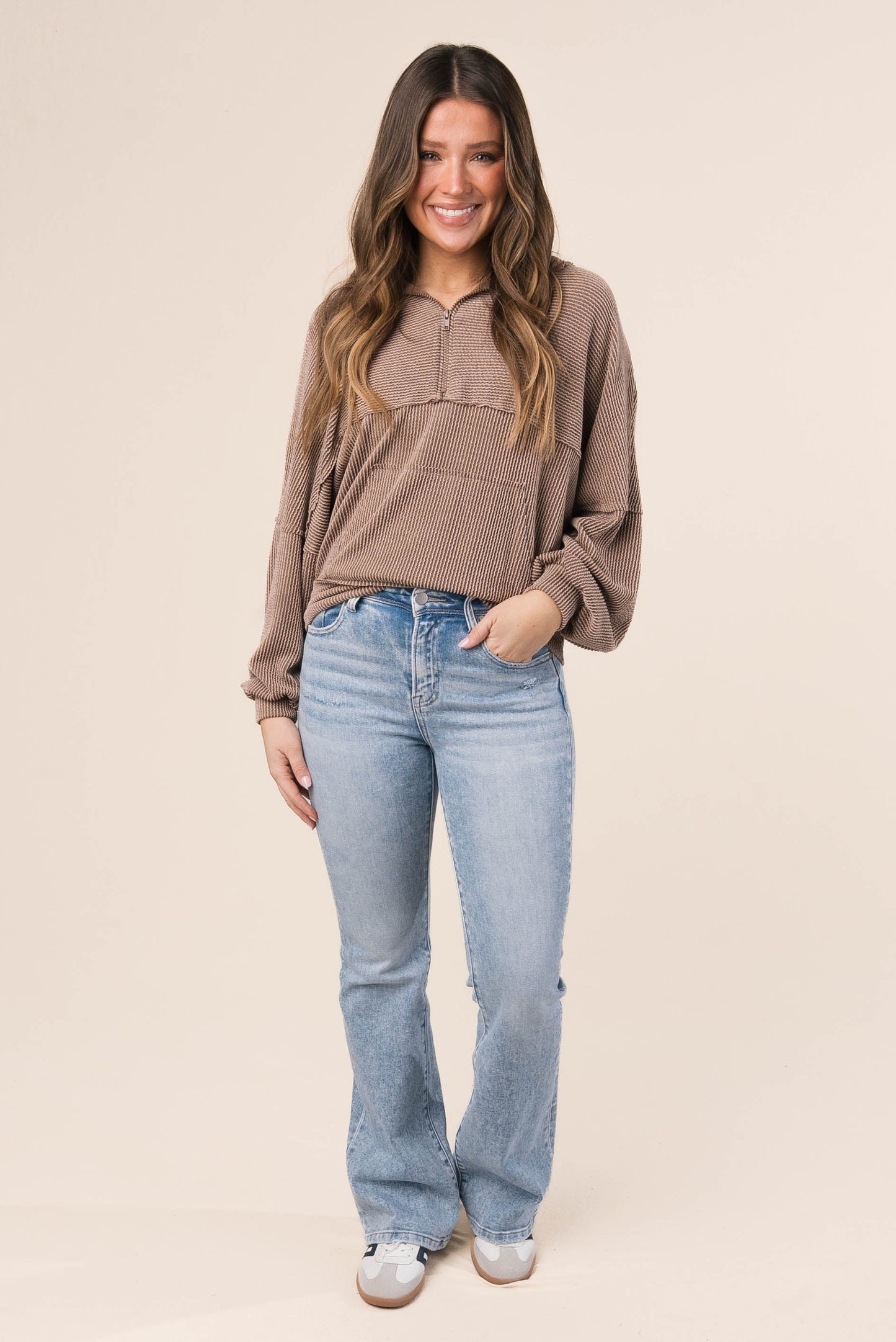 Ribbed Half Zip Hooded Top