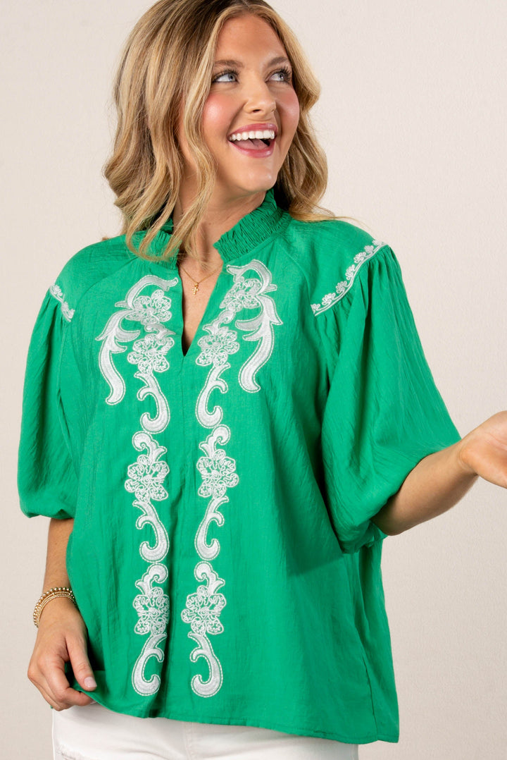Embroidered Frill Neck Top