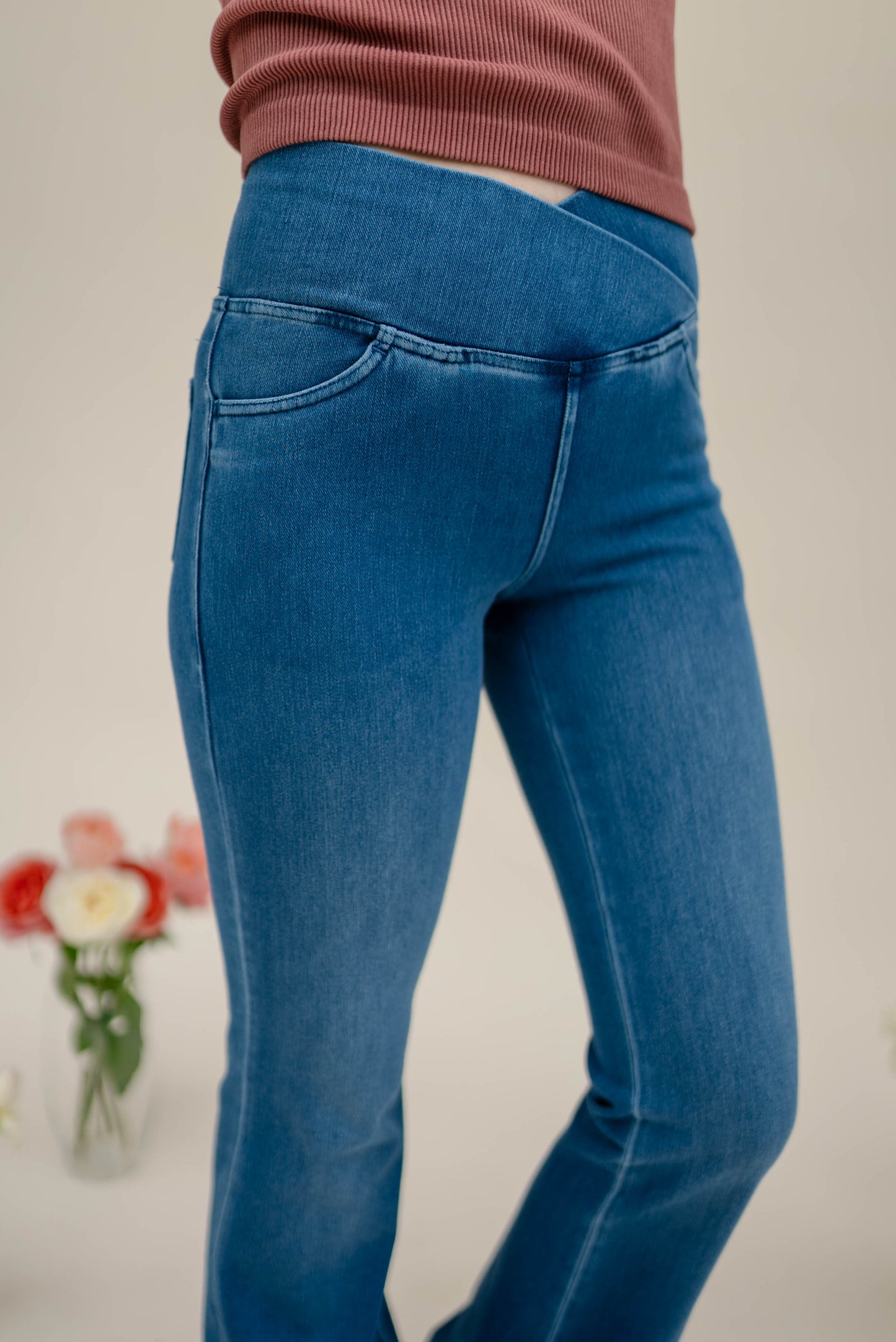 Pull-On High Crossover Waist Flare Jeans *Final Sale*