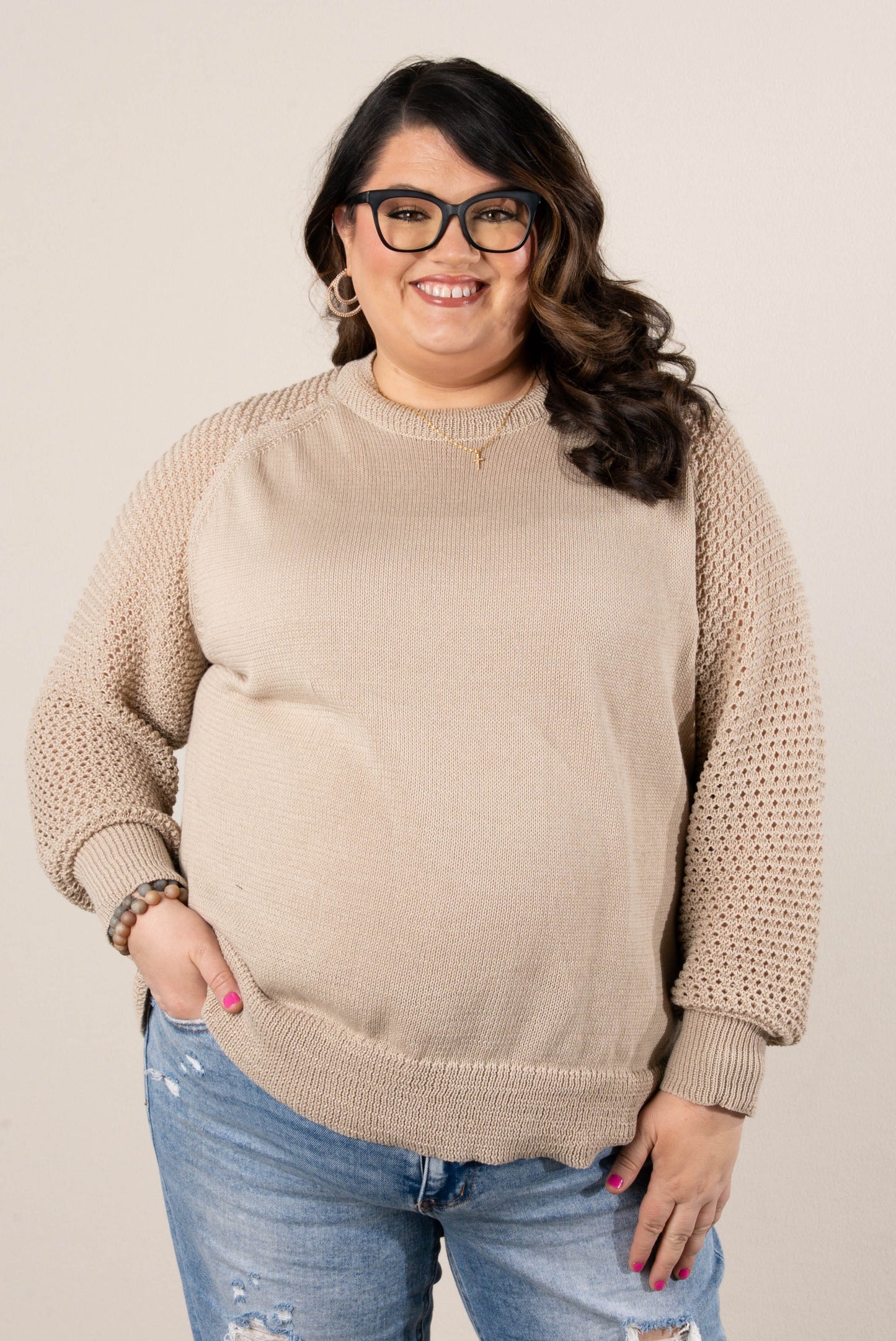 Raglan Open Knit Sleeve Top