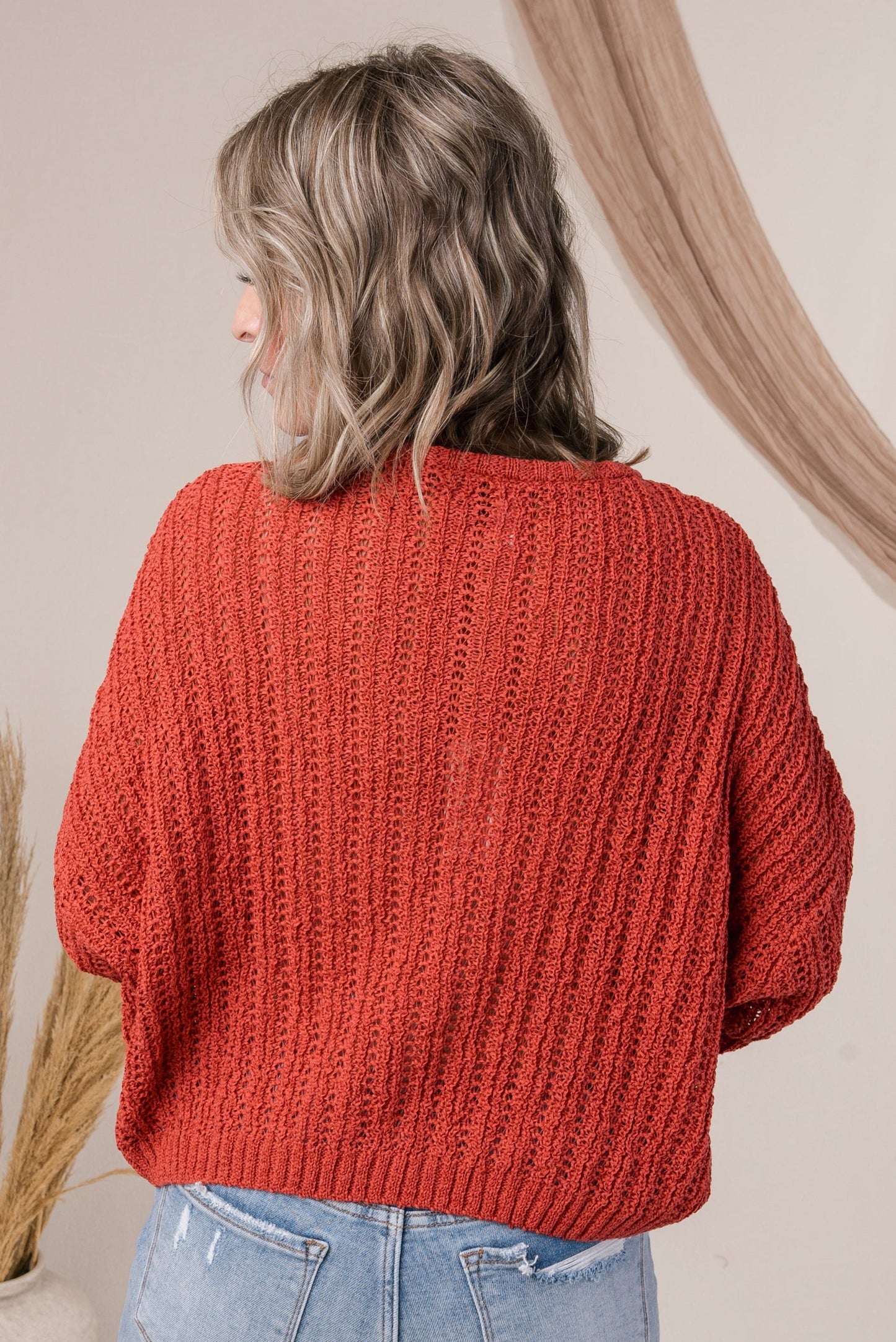 Open Knit Cropped Henley Sweater