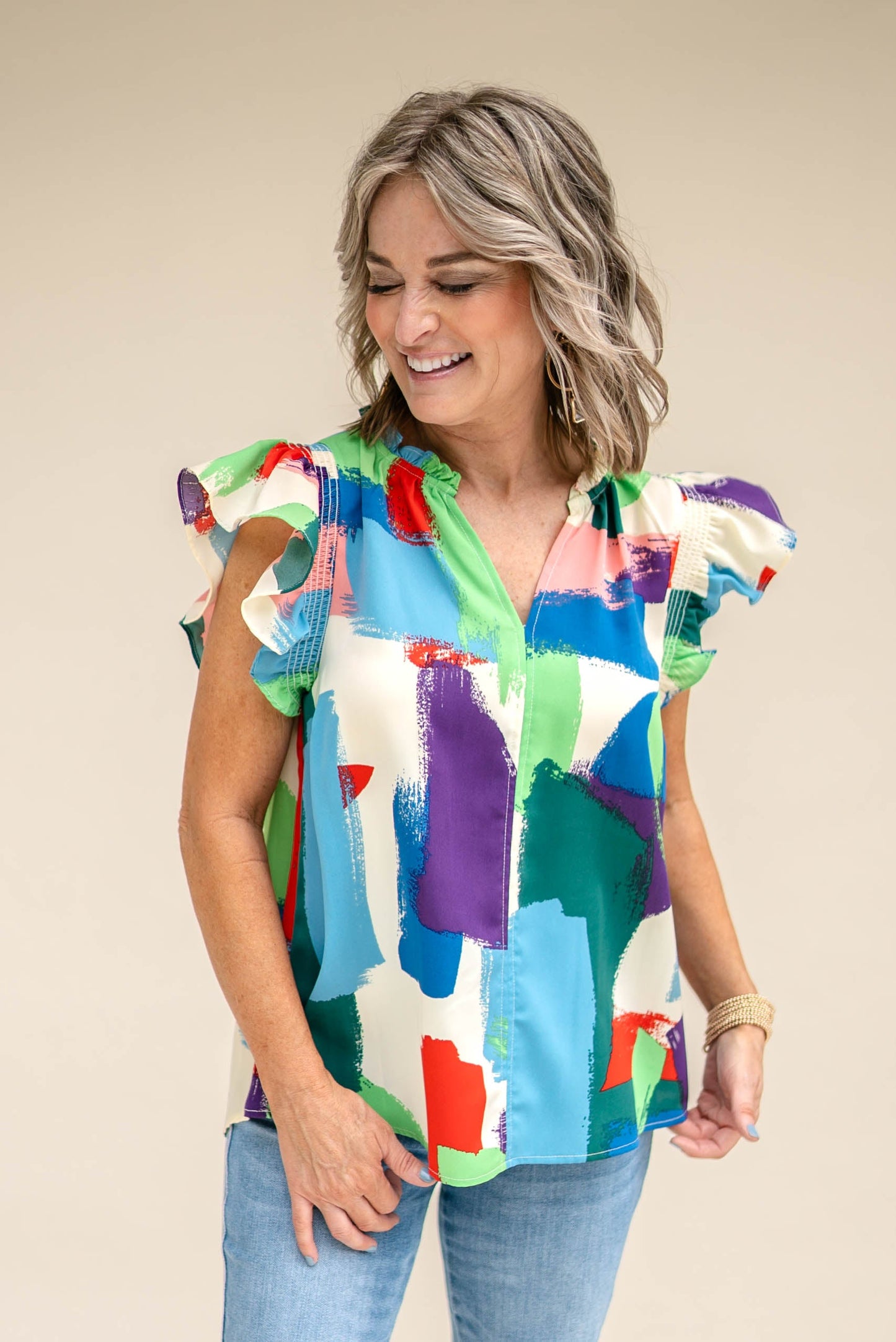 Brush Stroke Tie Neck Blouse *Final Sale*