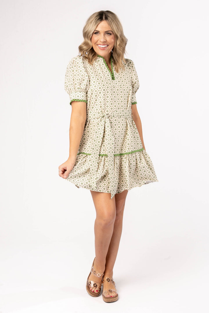 Floral Geo Scallop Trim Dress