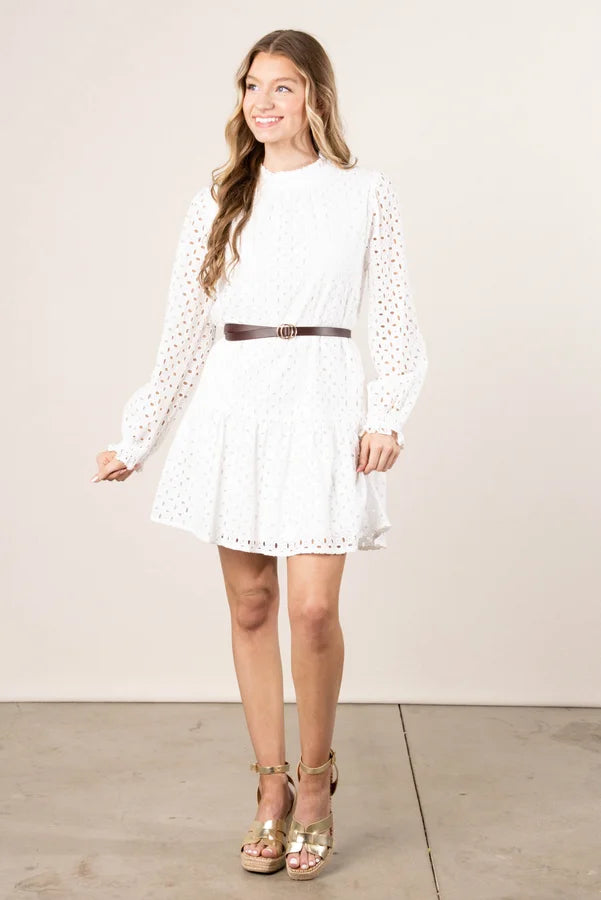 Eyelet Lace Overlay Frill Neck Dress