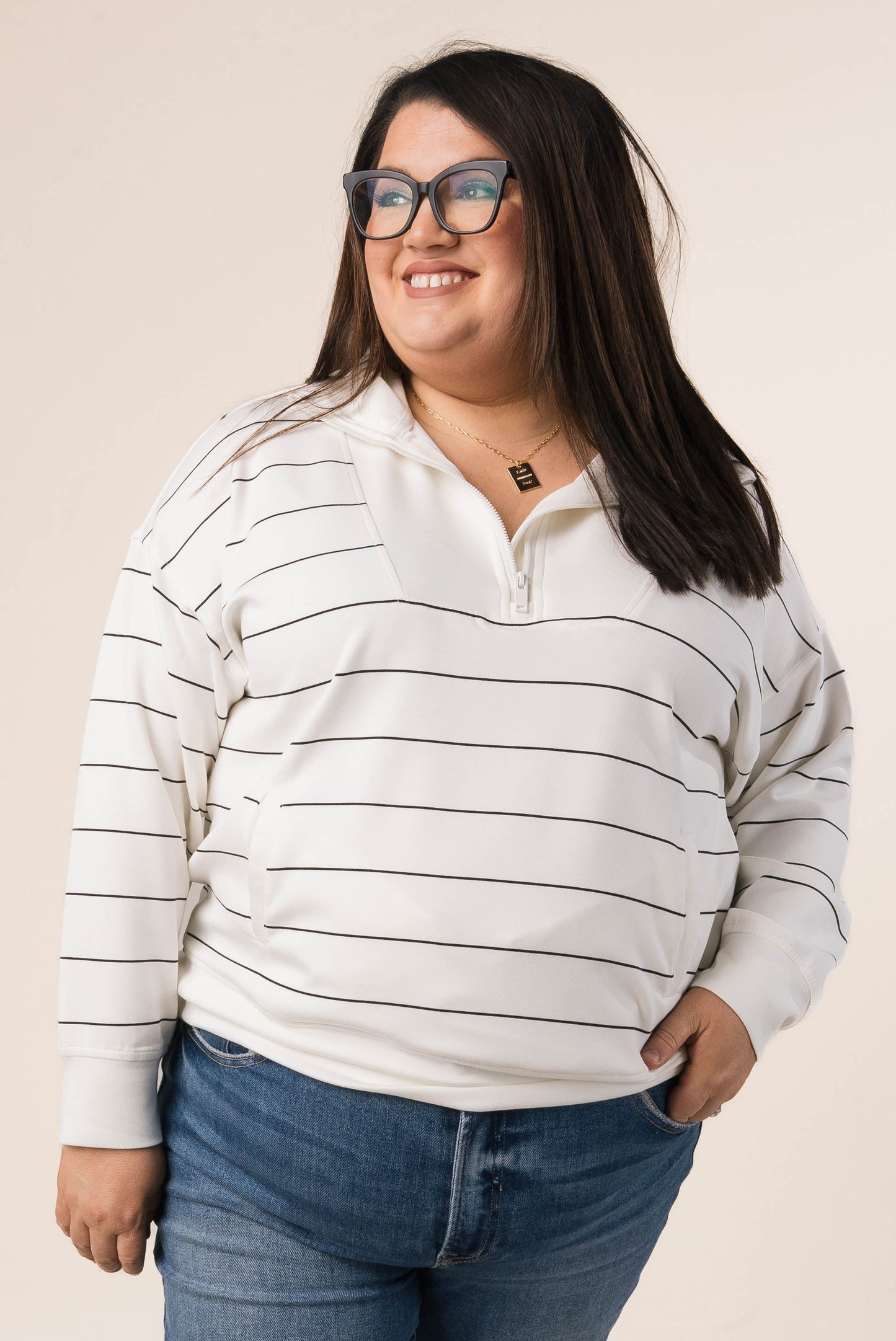 Striped Half Zip Funnel Neck Pullover