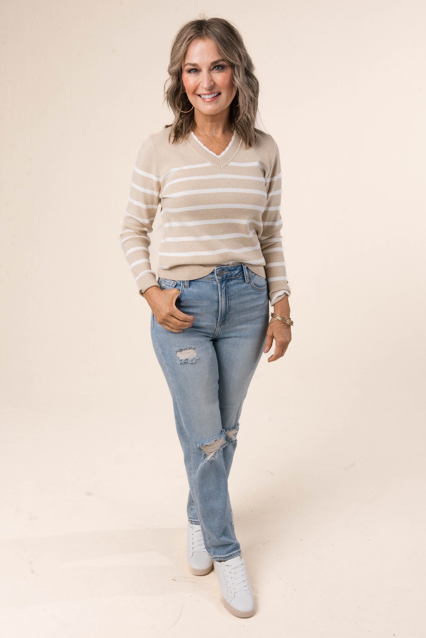 Striped Scallop Neck Sweater