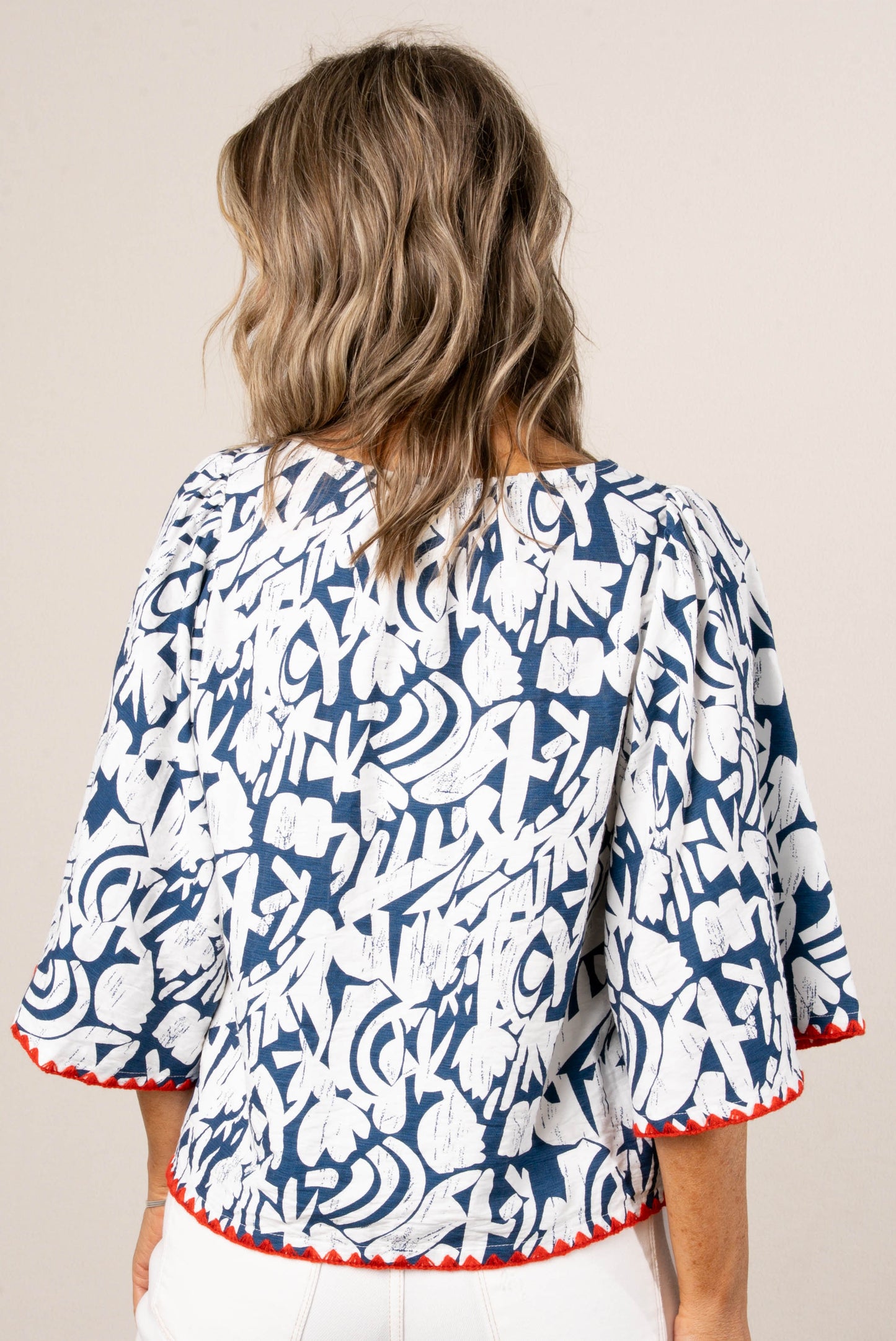 Abstract Square Neck Bell Sleeve Top