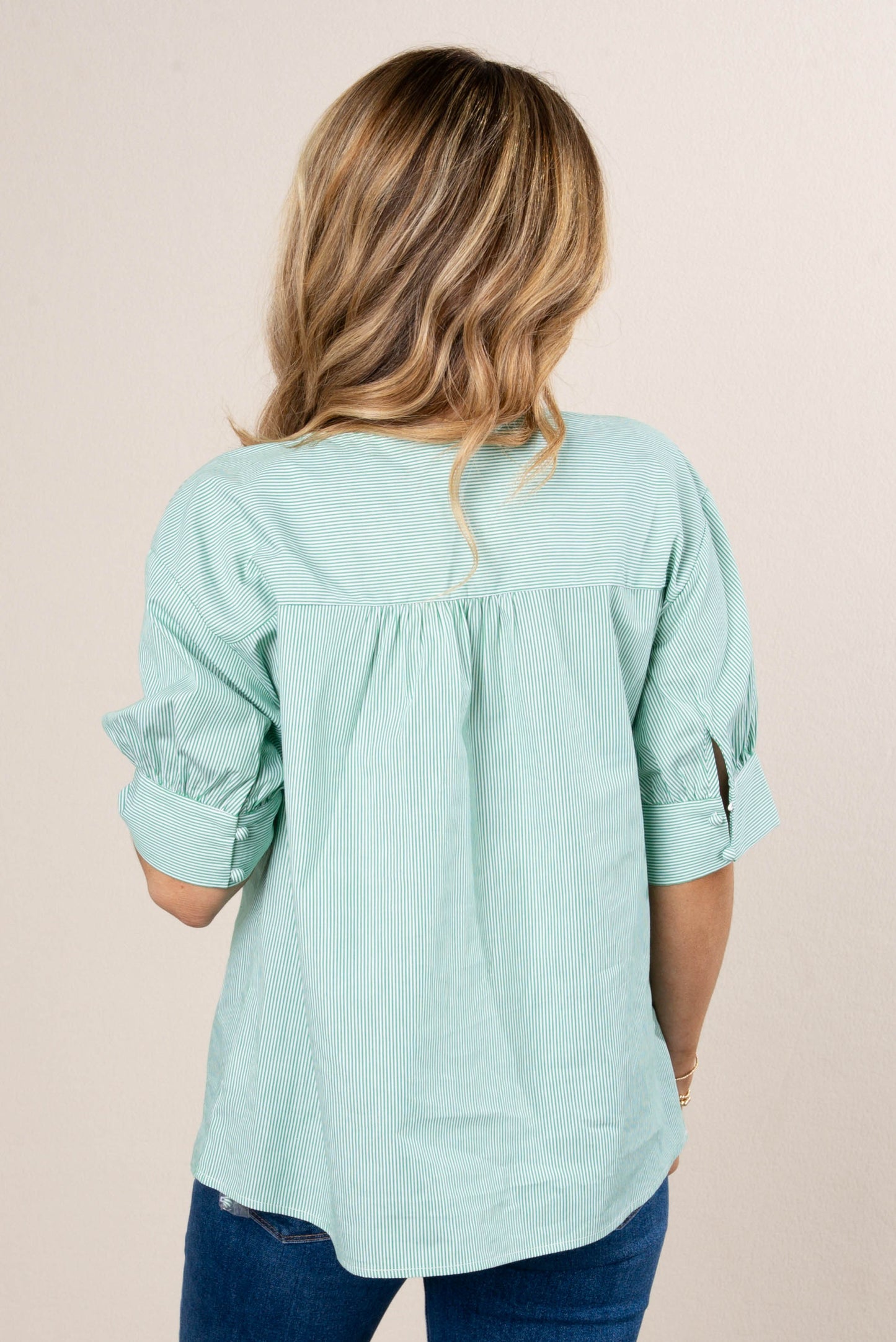 Pinstriped Button Cuff Blouse