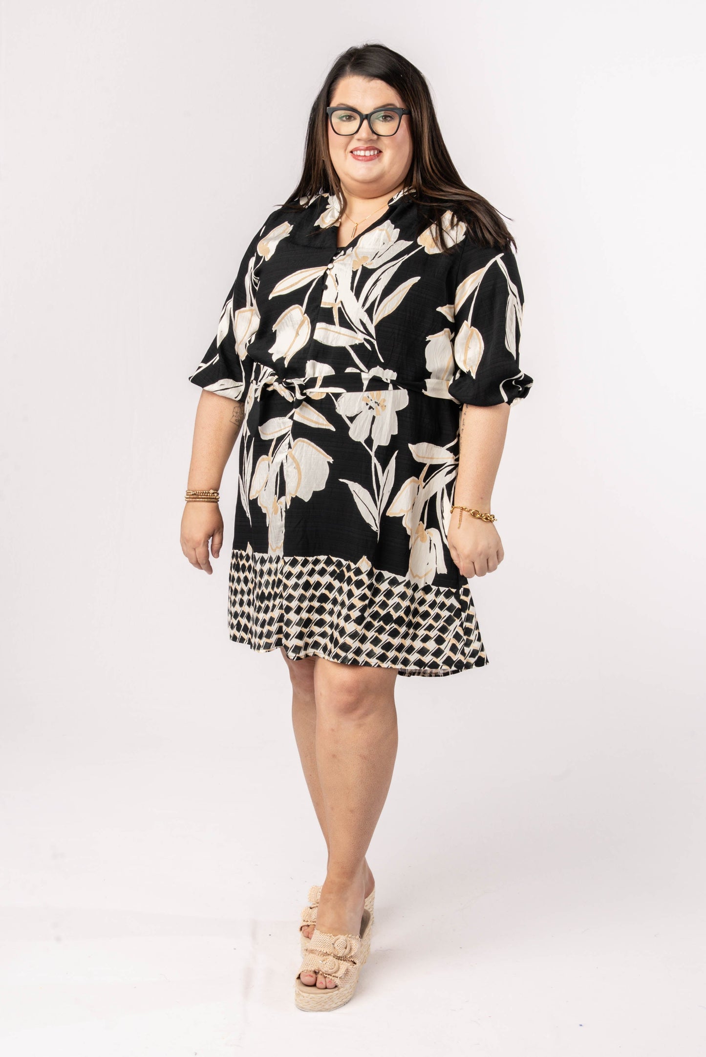 Floral Border Print Belted Dress