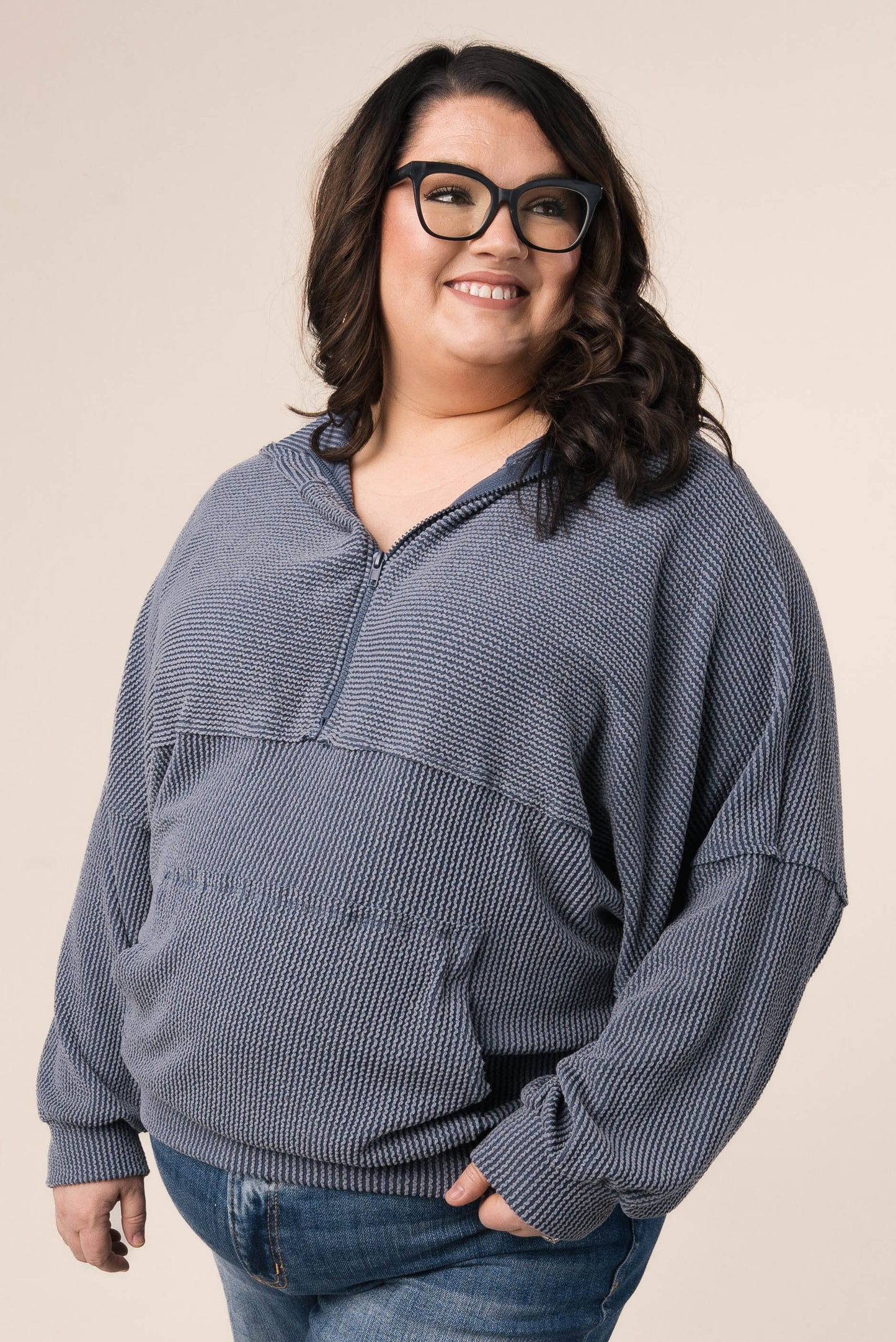 Ribbed Half Zip Hooded Top