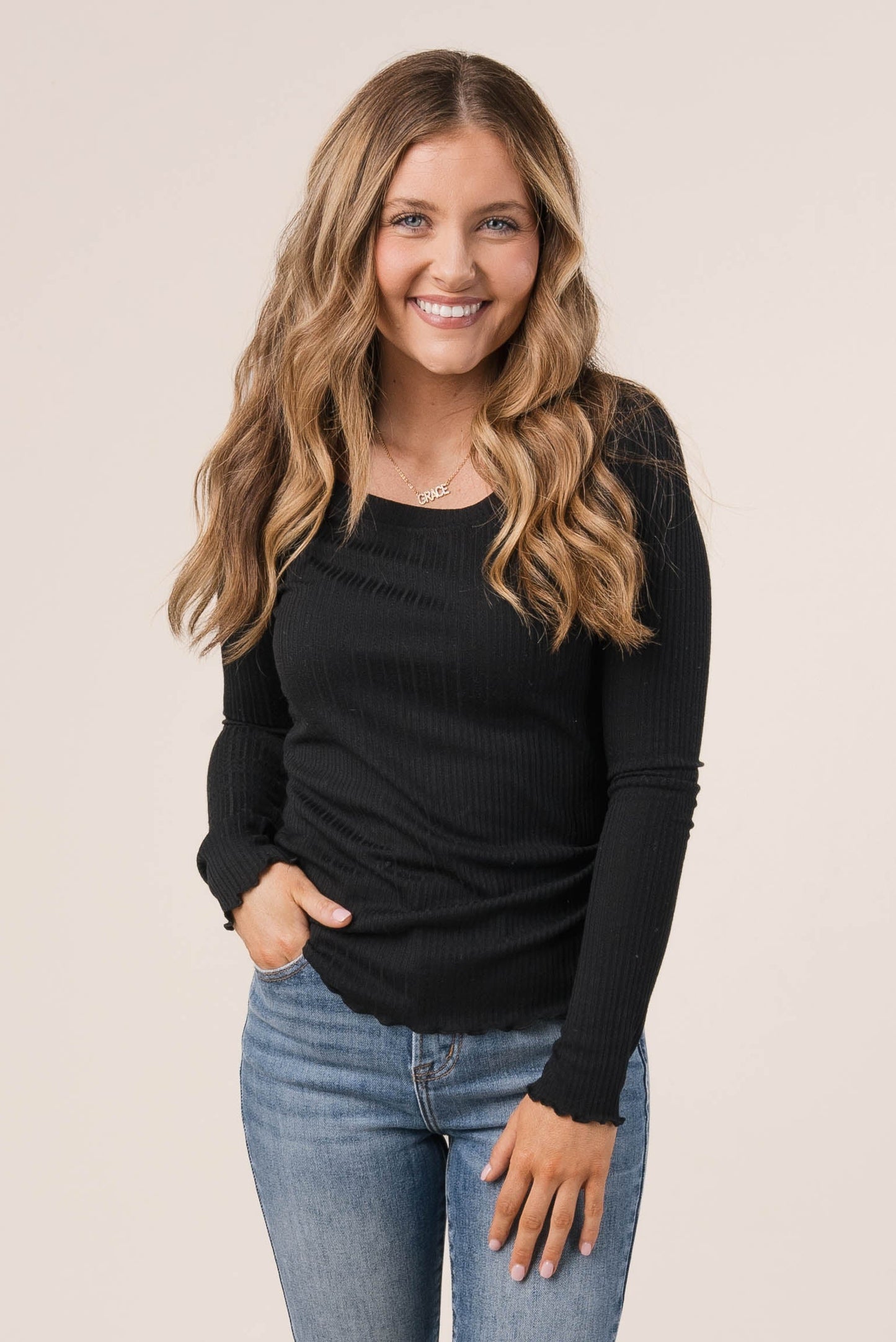 Textured Knit Lettuce Hem Top