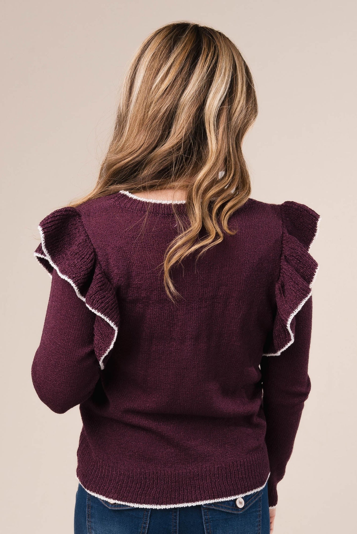 Contrast Trim Ruffle Shoulder Sweater *Final Sale*