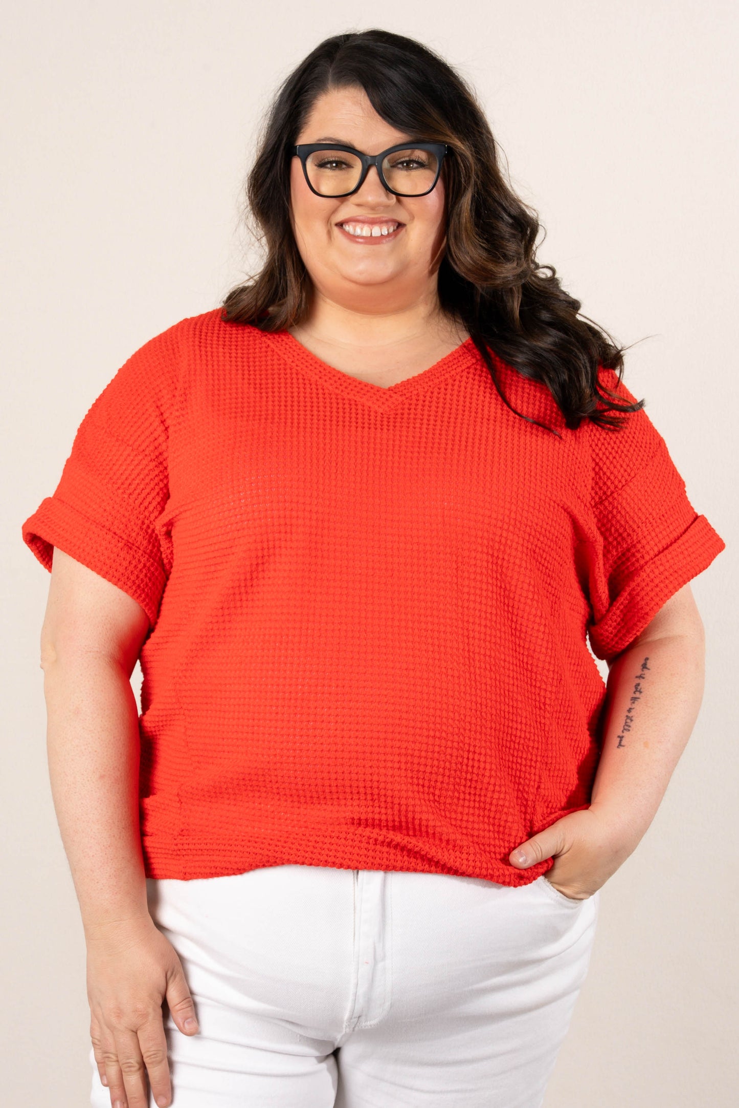 Waffle Knit Cuffed Sleeve Top