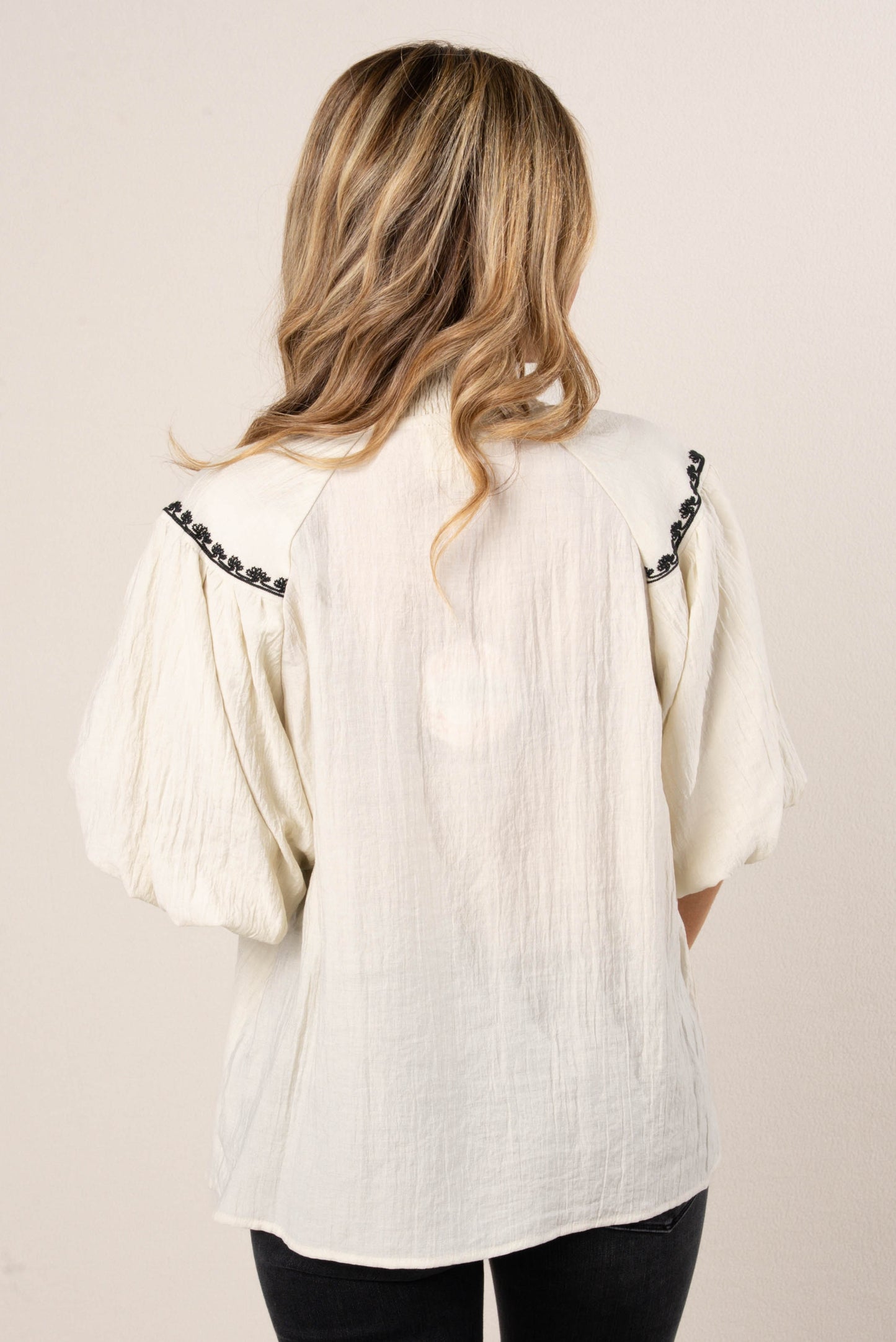 Embroidered Frill Neck Top