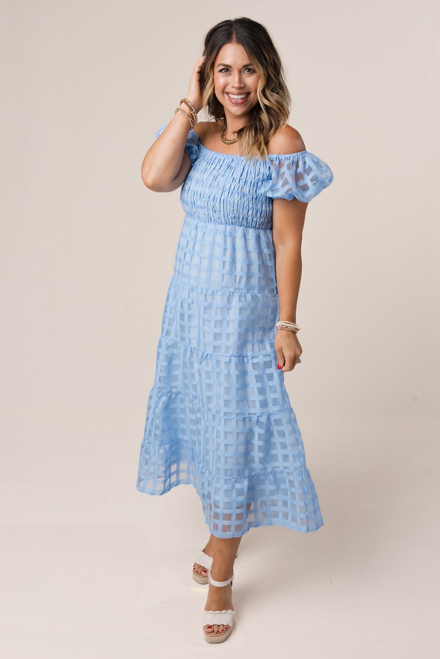 Chiffon Windowpane Smocked Midi Dress *Final Sale*