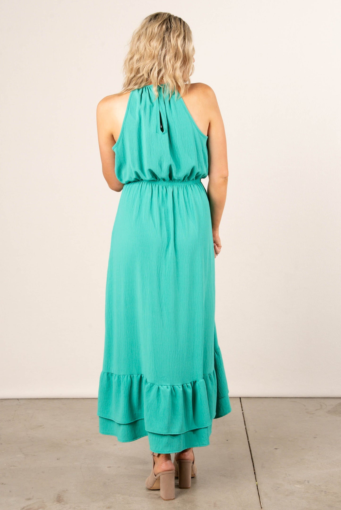 Halter Hi-Lo Ruffle Hem Maxi Dress