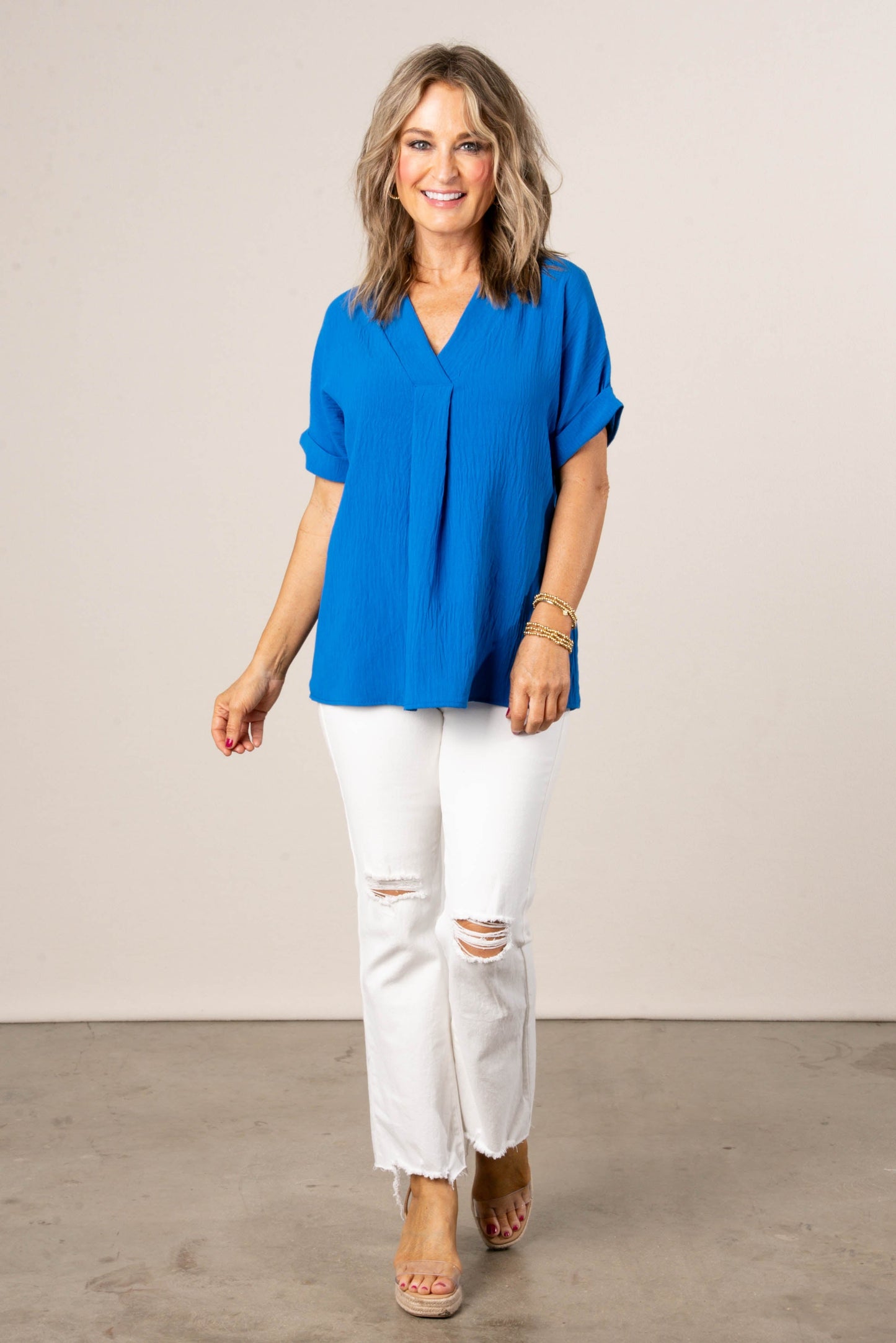 Front Pleat Cuffed Sleeve Top