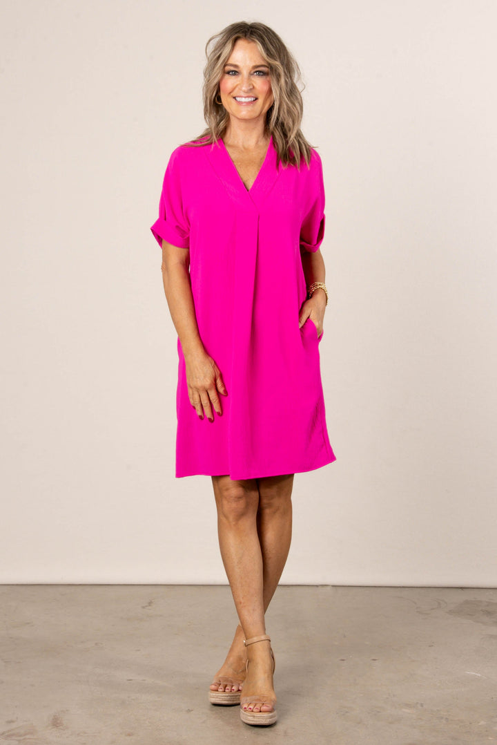 Front Pleat Cuffed Sleeve Shift Dress