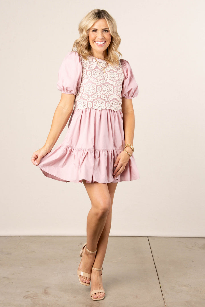 Crocheted Bodice Puff Sleeve Dress