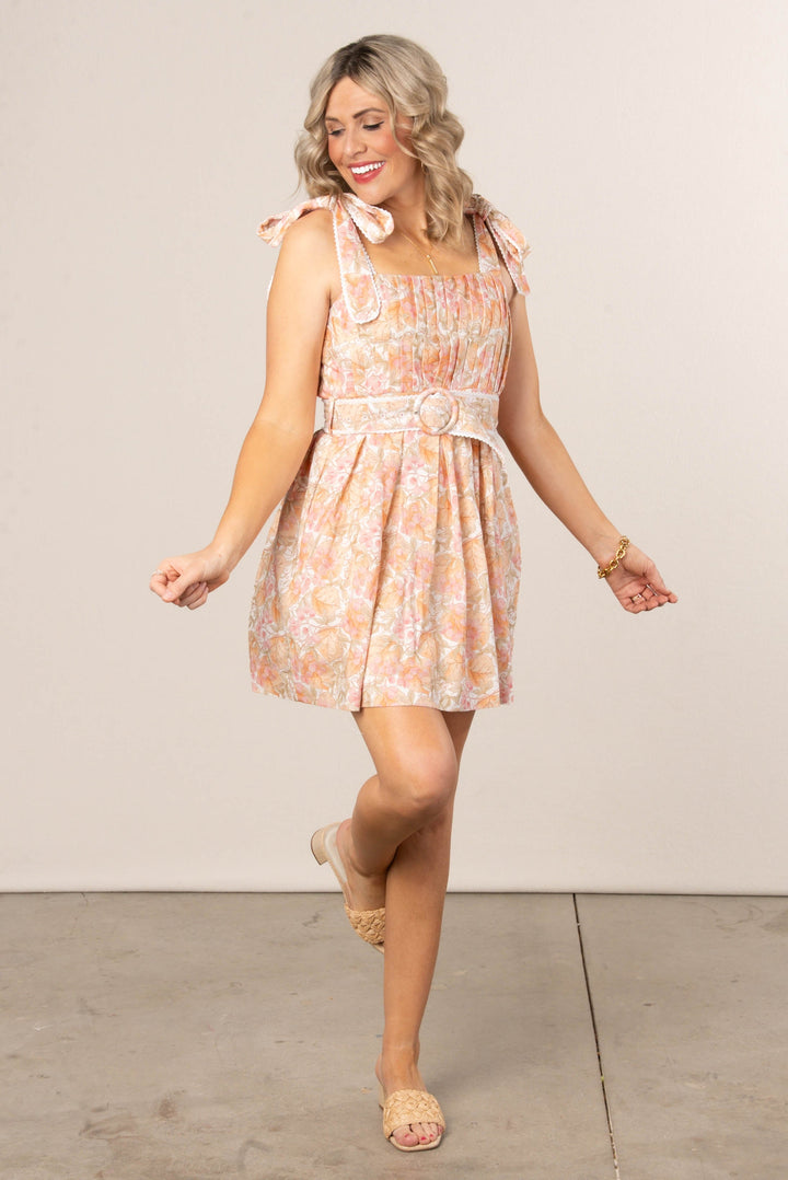 Floral Pleat Detail Belted Sundress