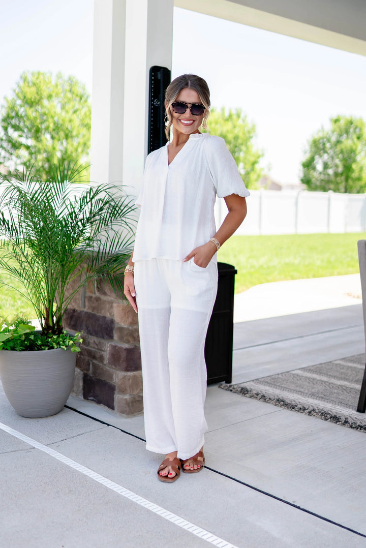 Crinkled Pull-On Wide Leg White Pants *Final Sale*