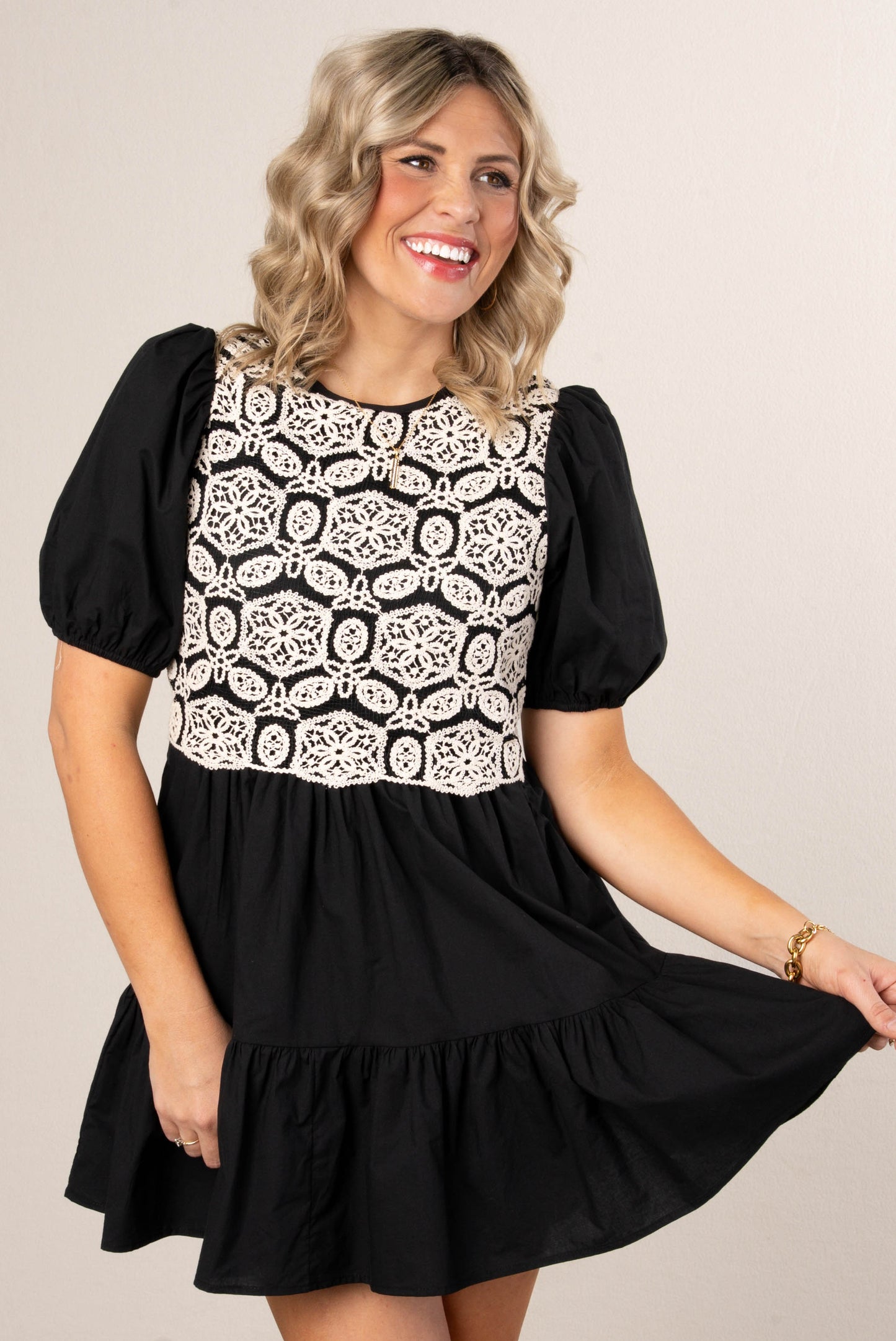 Crocheted Bodice Puff Sleeve Dress