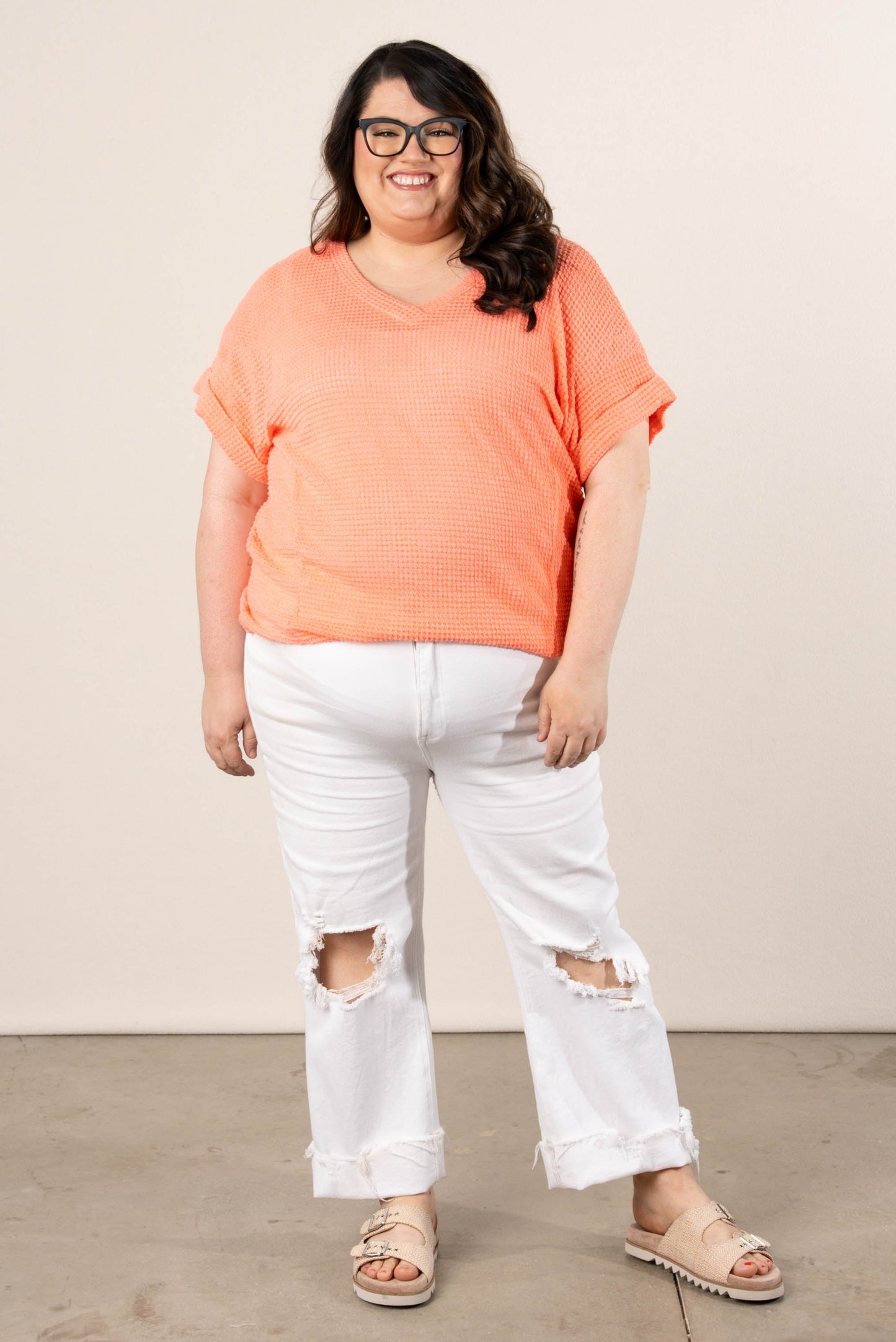 Waffle Knit Cuffed Sleeve Top