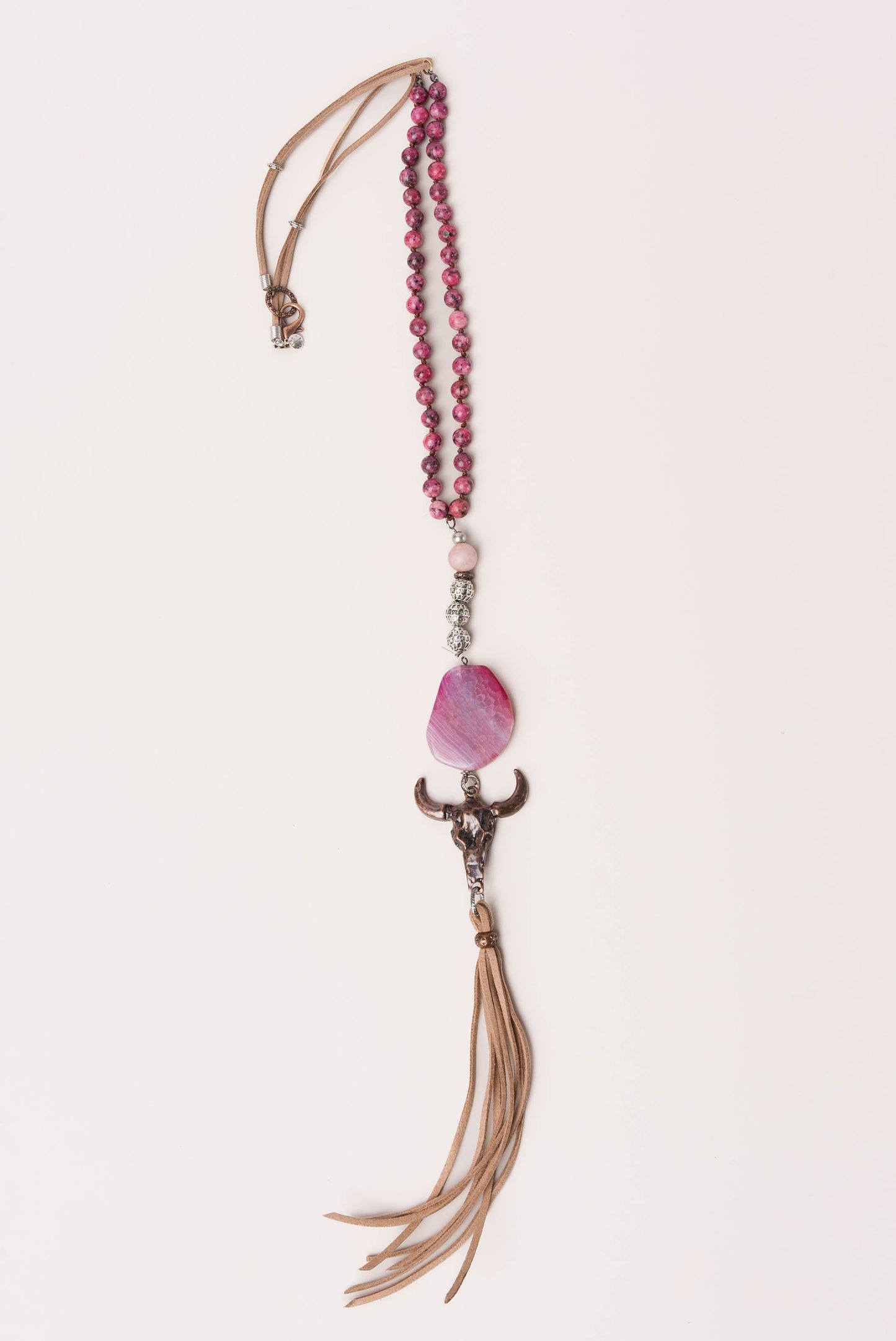 Stone Bead + Leather Steer Head Pendant Necklace