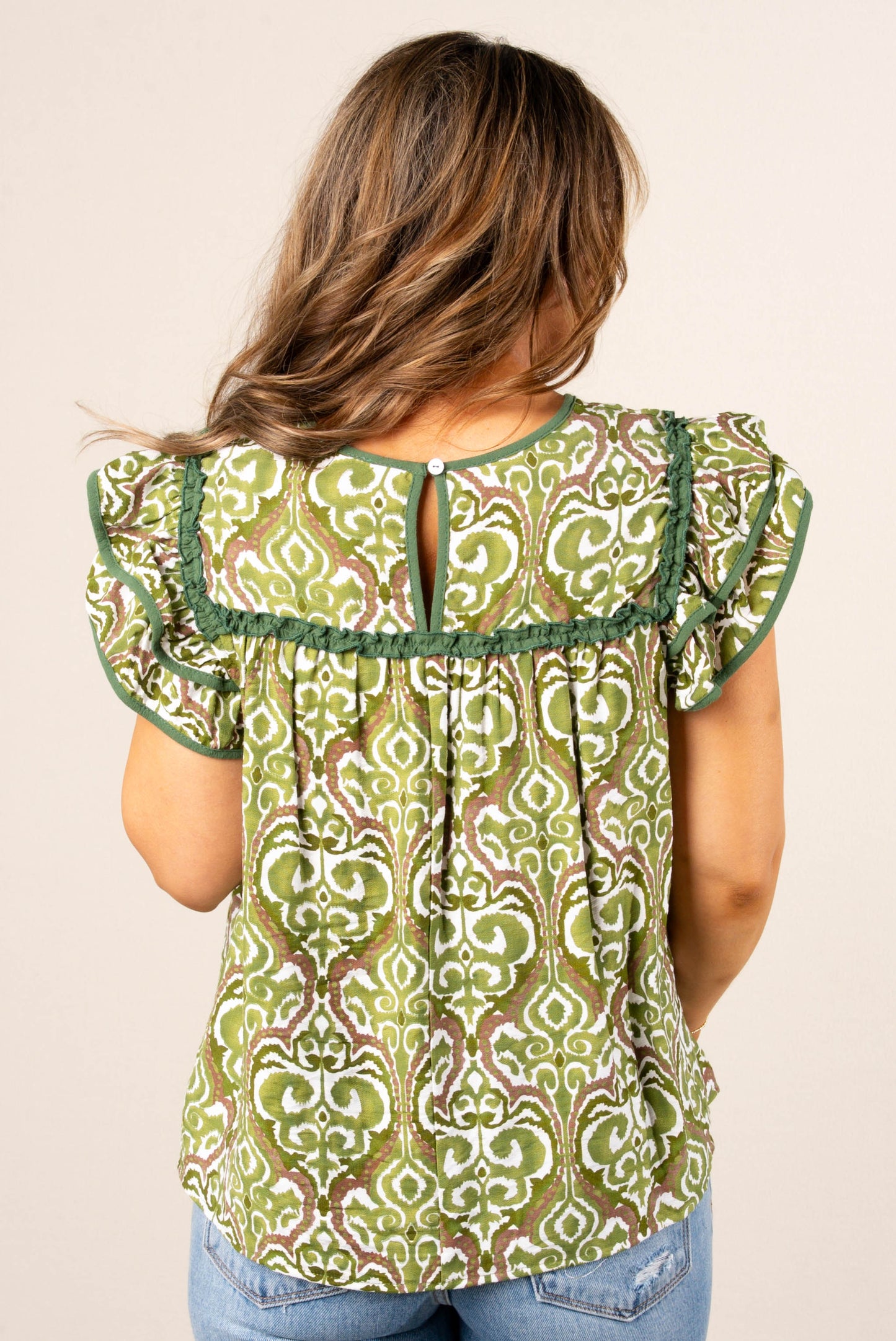 Abstract Ruffle Sleeve Top