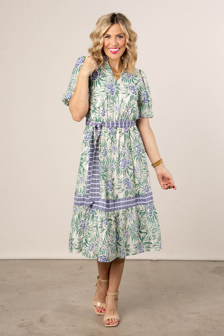 Mixed Print Belted Midi Dress Jade