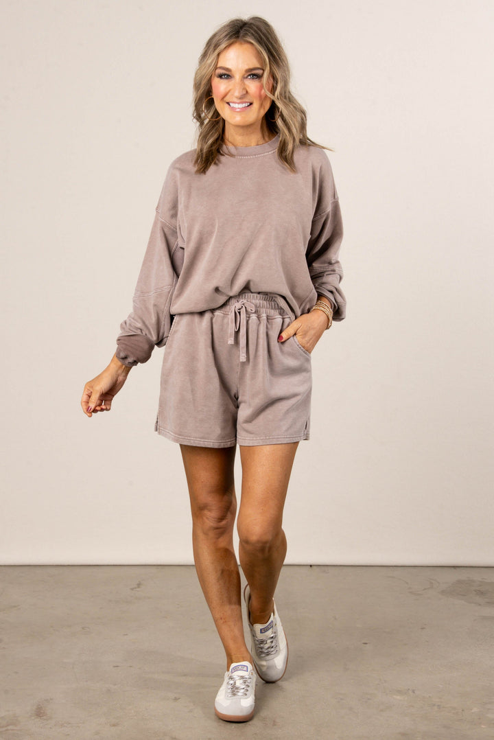 Washed French Terry Pullover + Shorts Set - Mocha