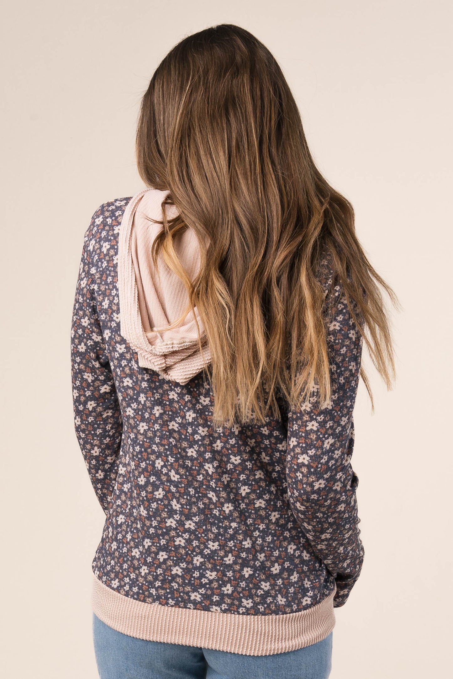 Floral Contrast Trim Half Zip Hooded Top