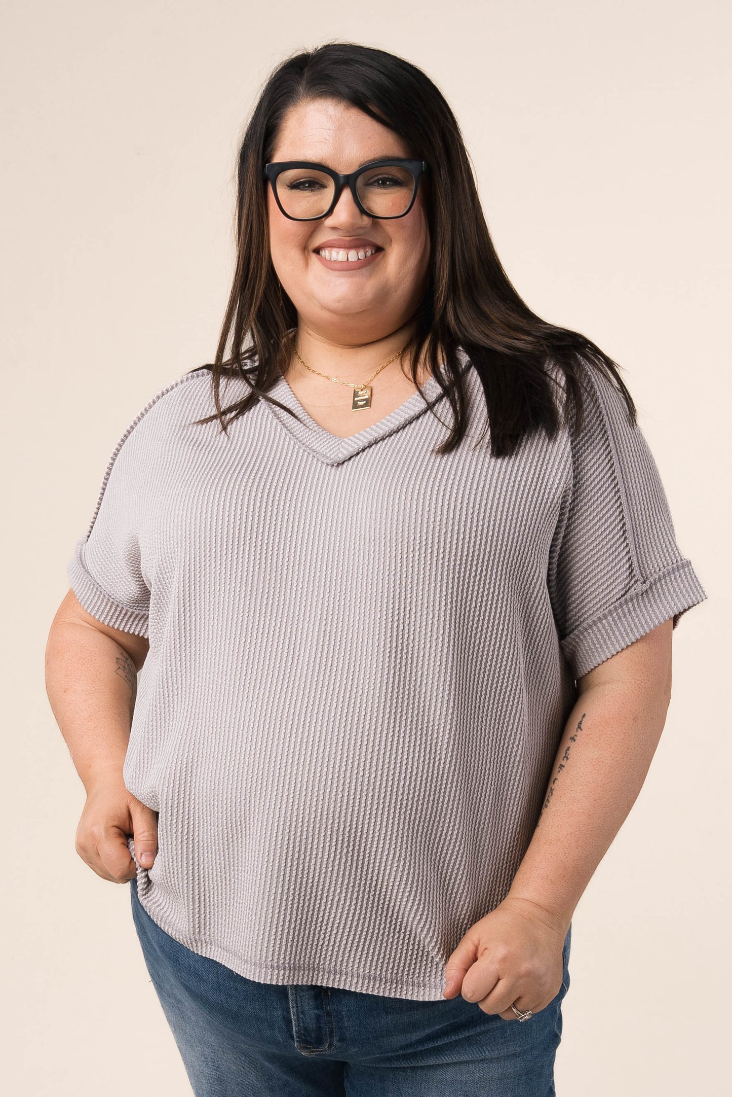 Corded Rib Exposed Seam V-Neck Top