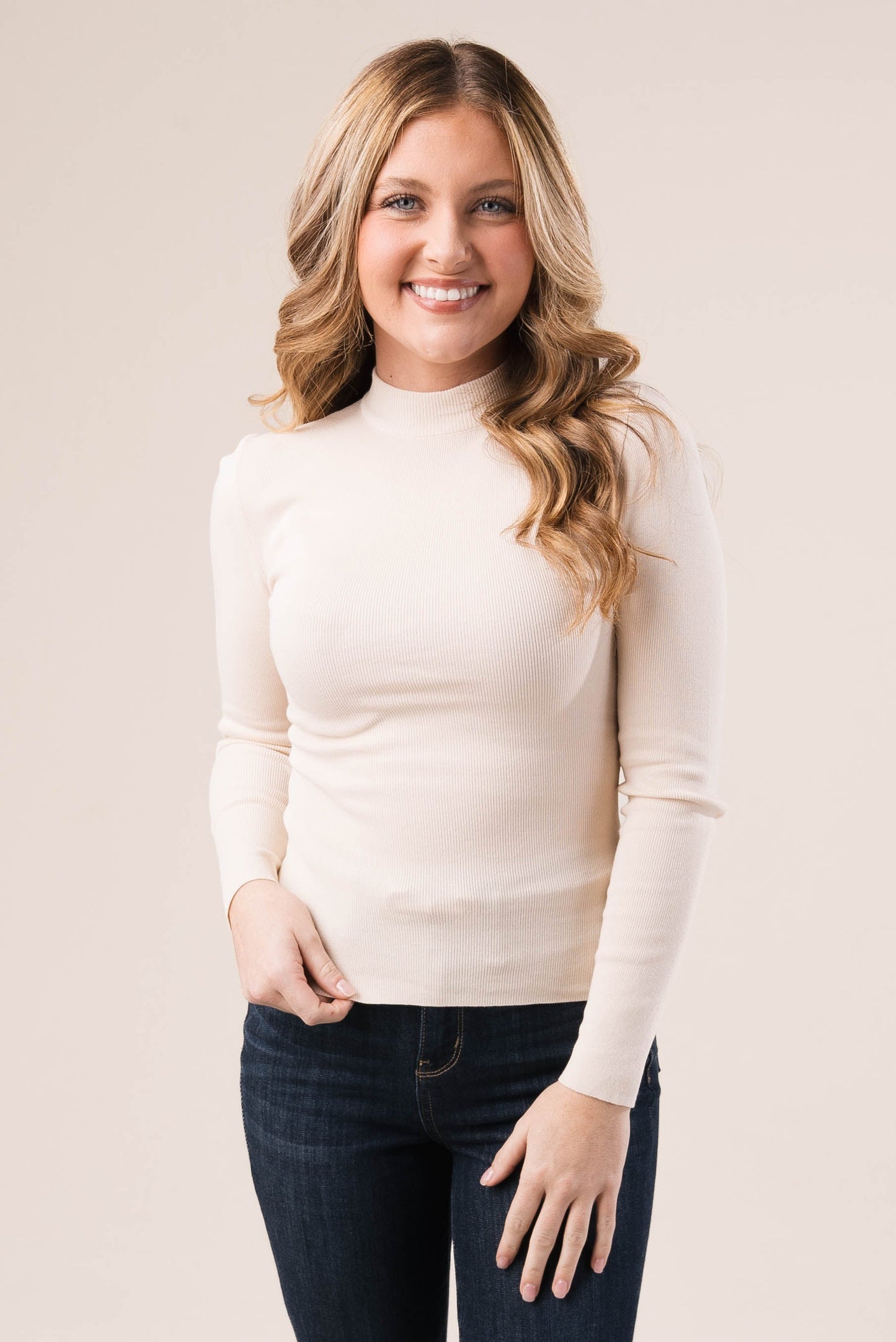 Fine Ribbed Mock Neck Top