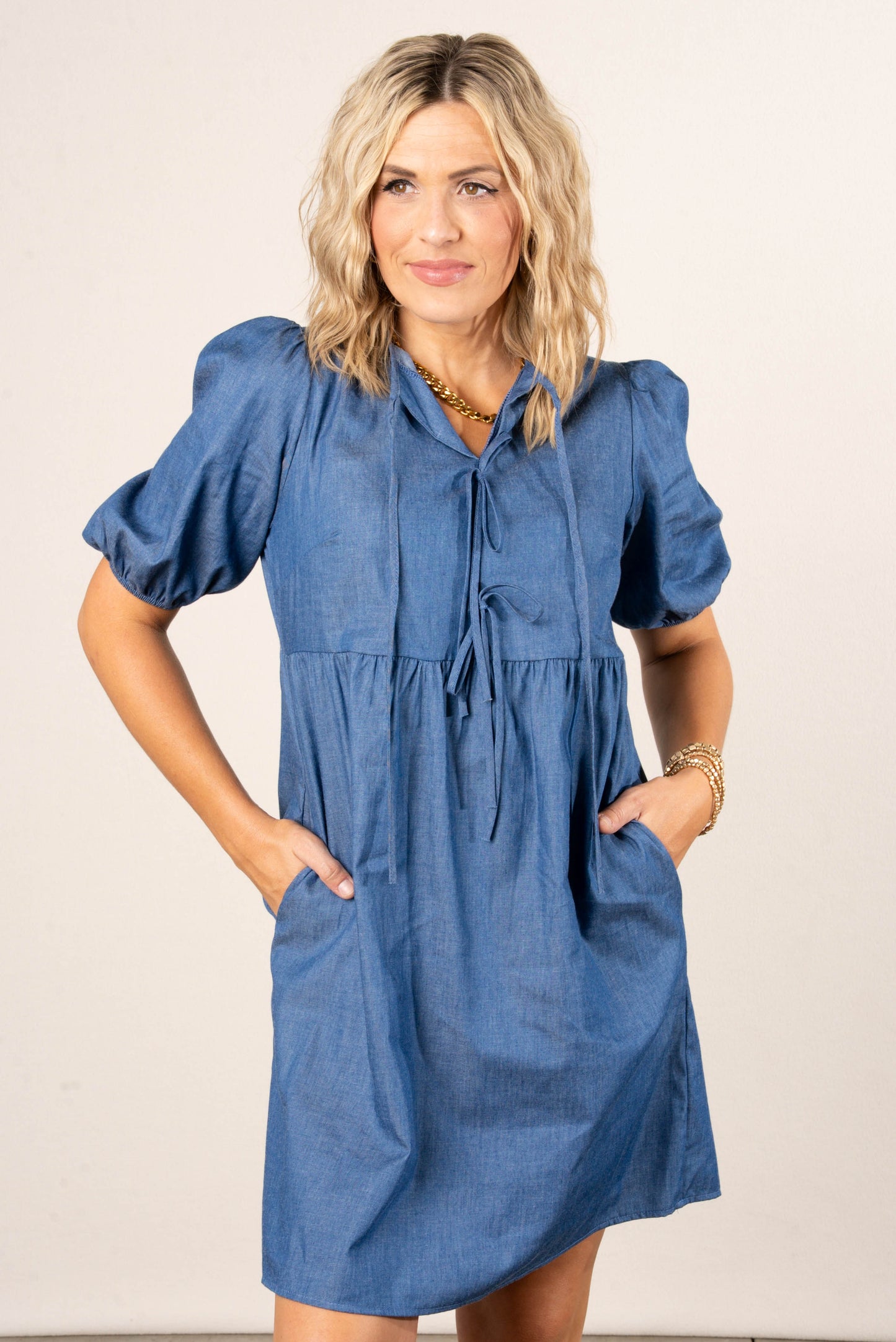 Chambray Bow Front Babydoll Dress