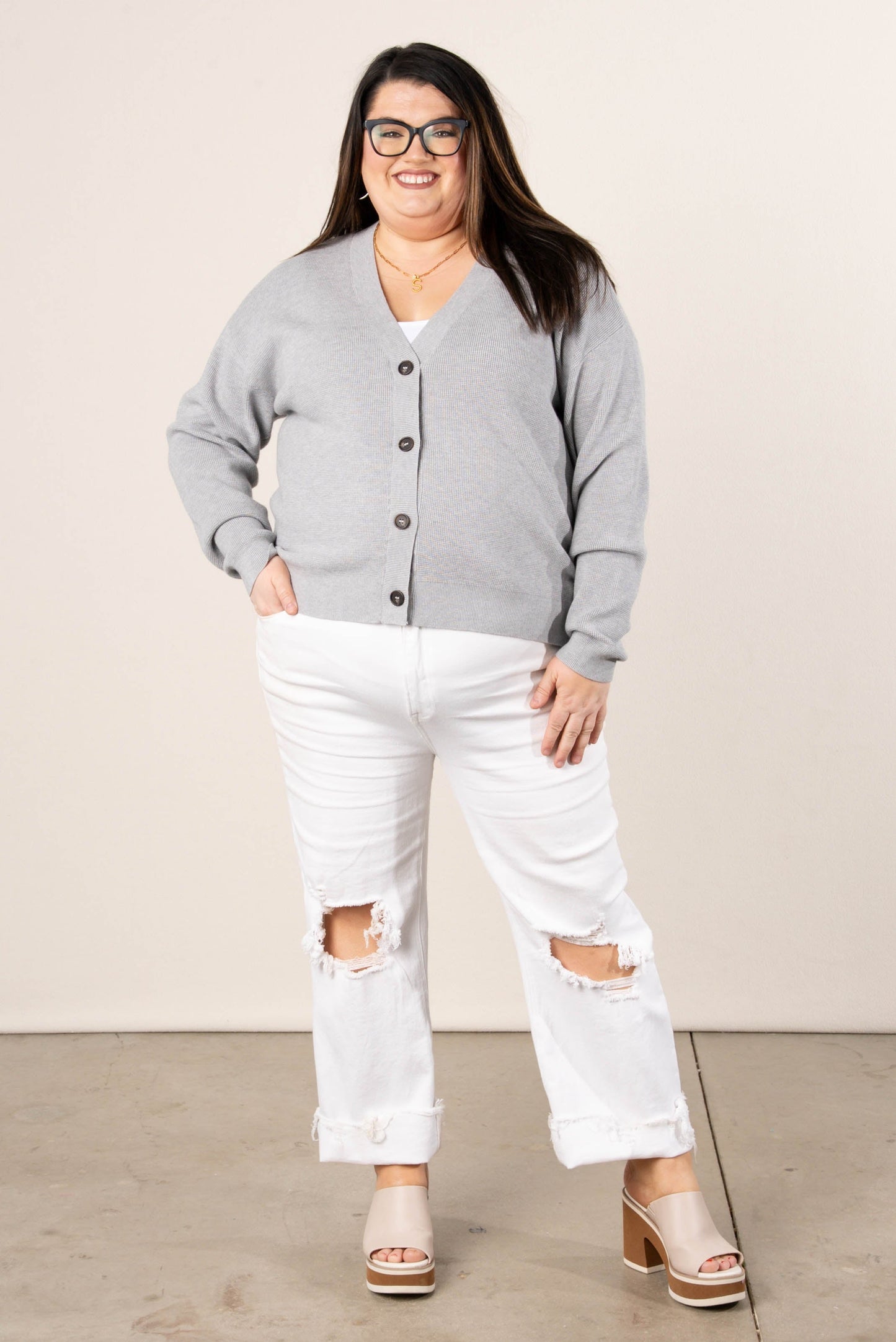 Mini Waffle Knit Button Up Cardigan