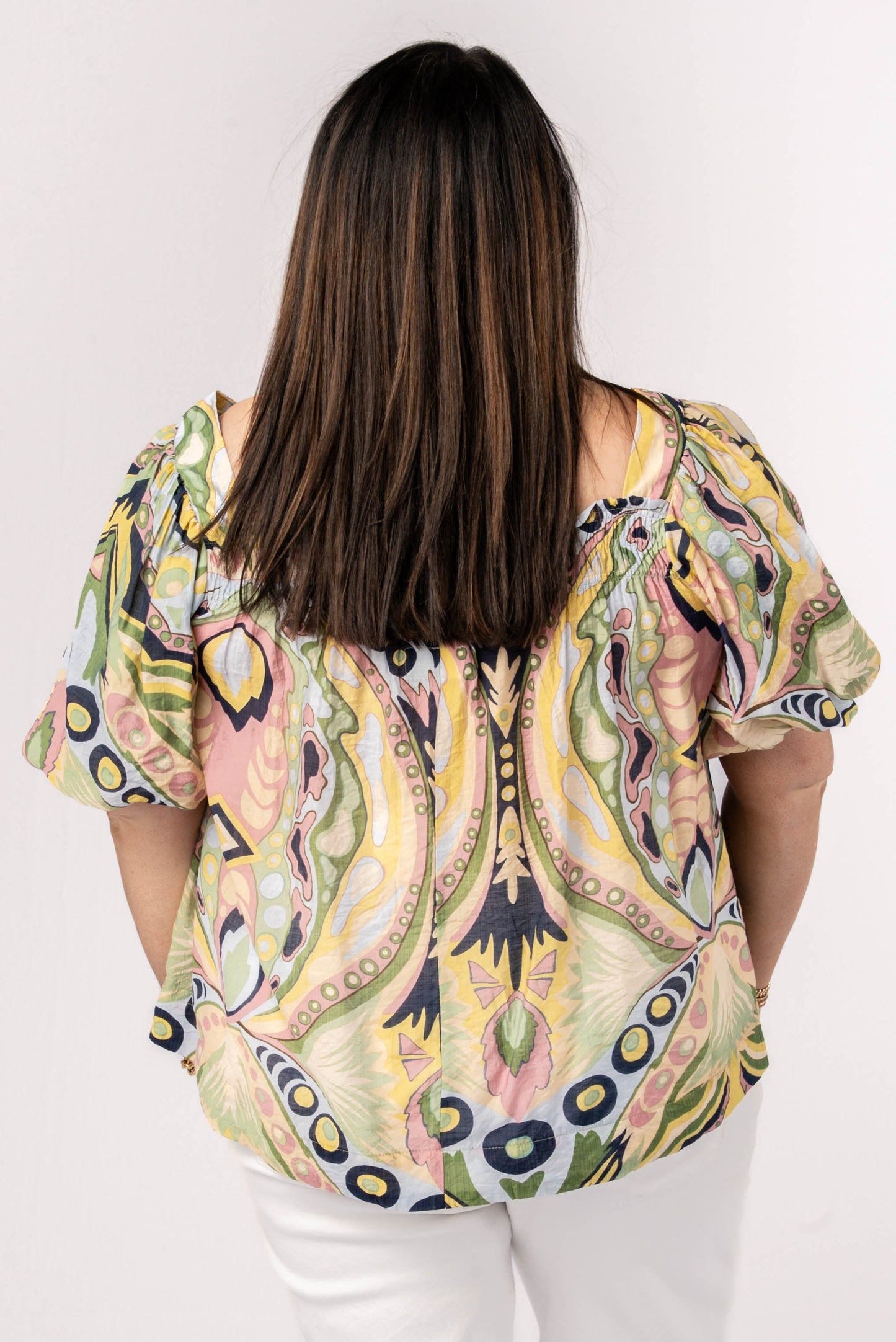 Abstract Smocked Square Neck Top