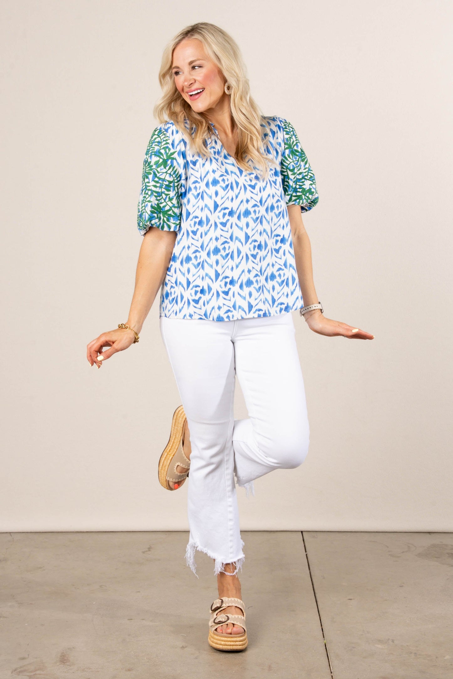 Abstract Embroidered Sleeve Top