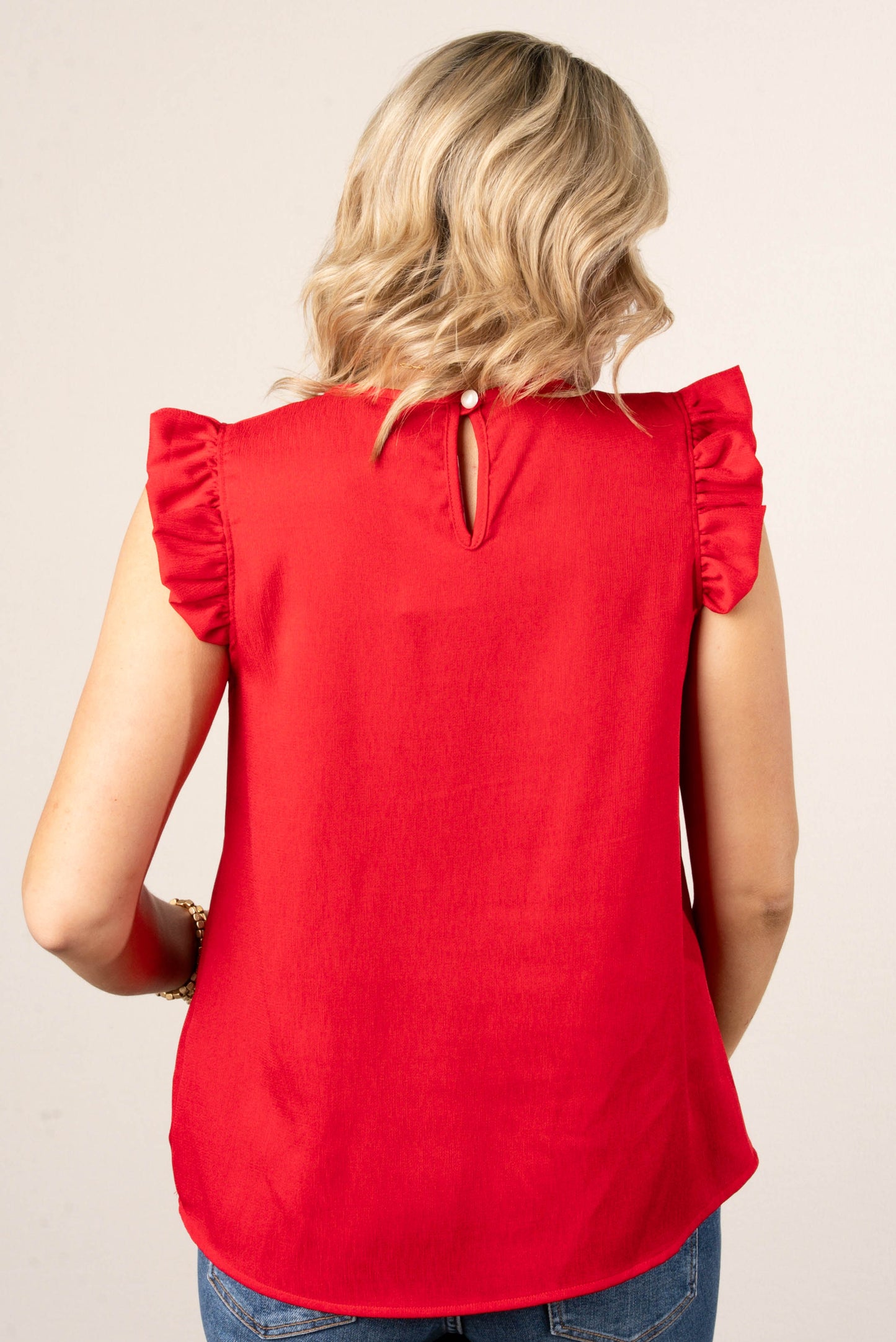 Pleat Neck Ruffle Shoulder Top