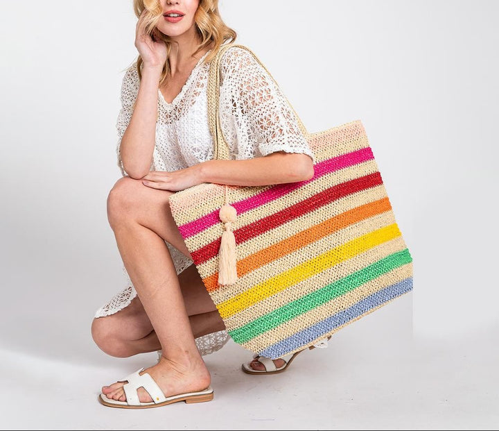 Bright Horizons Striped Raffia Tote Bag