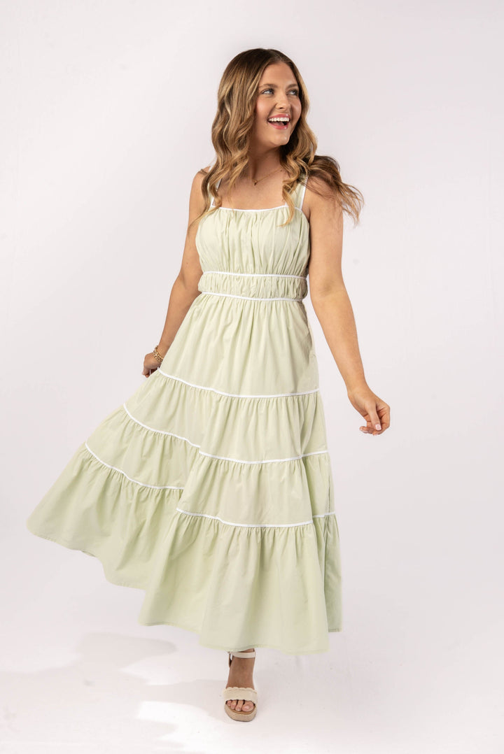 Gathered Bodice Tiered Midi Dress