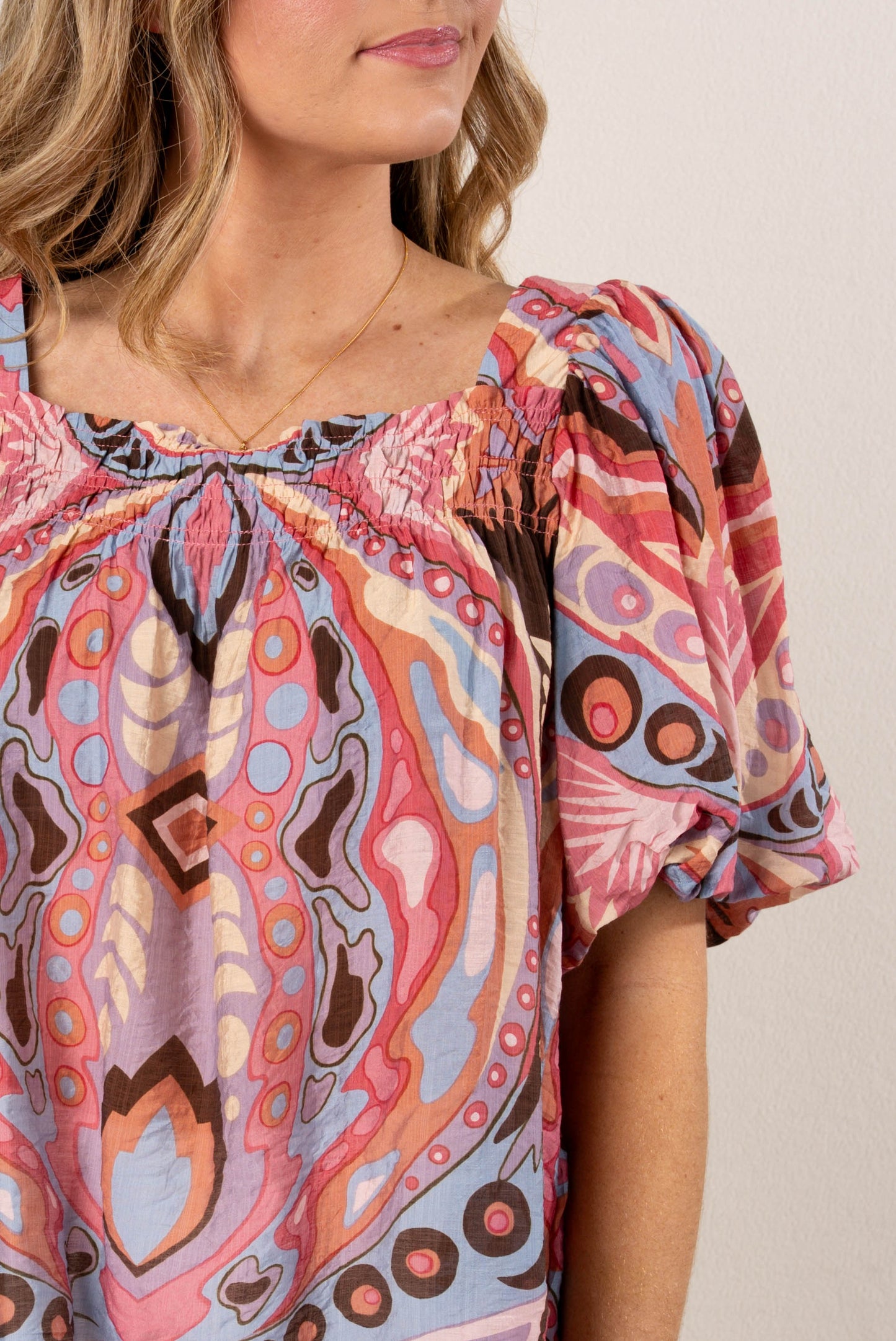 Abstract Smocked Square Neck Top
