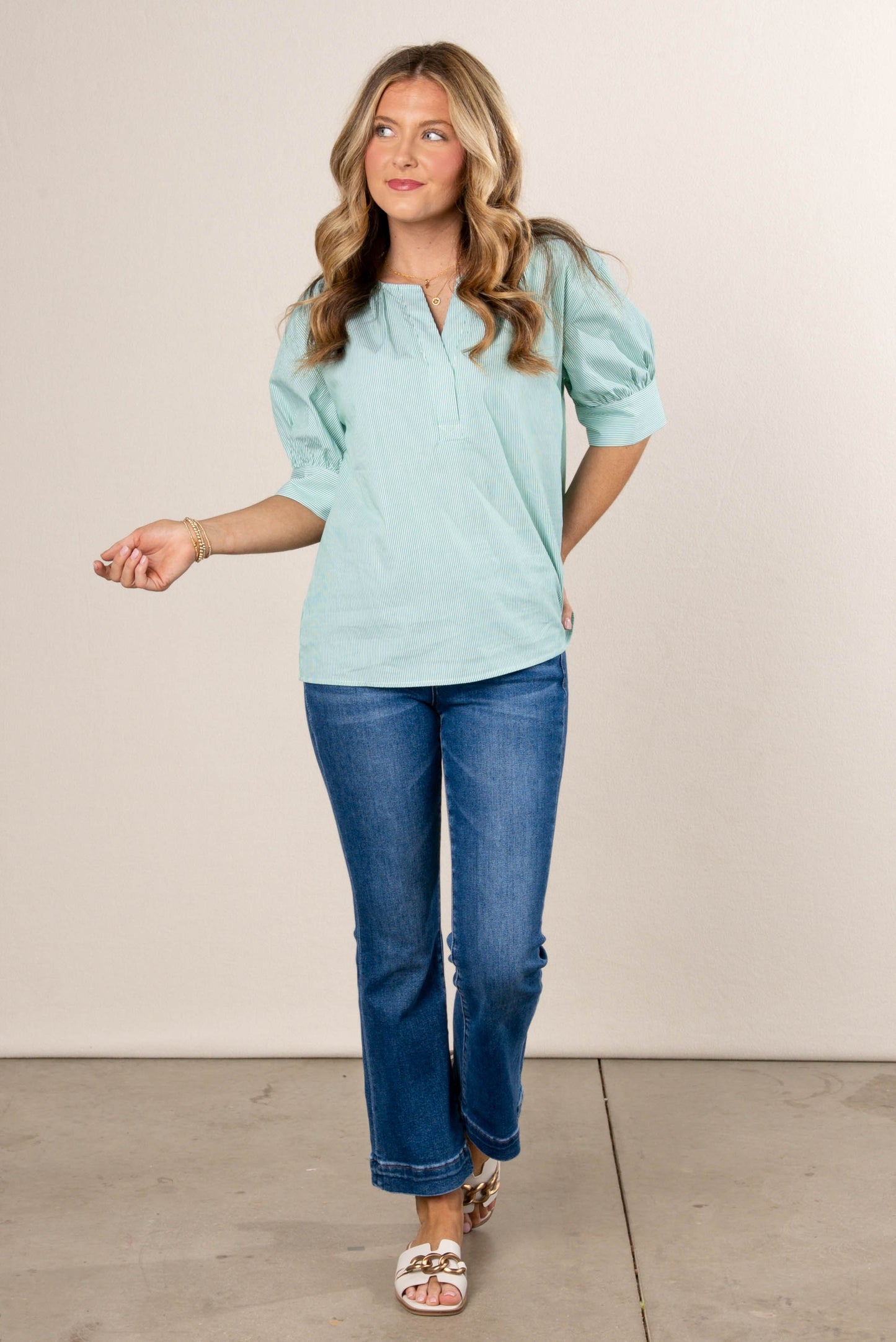 Pinstriped Button Cuff Blouse