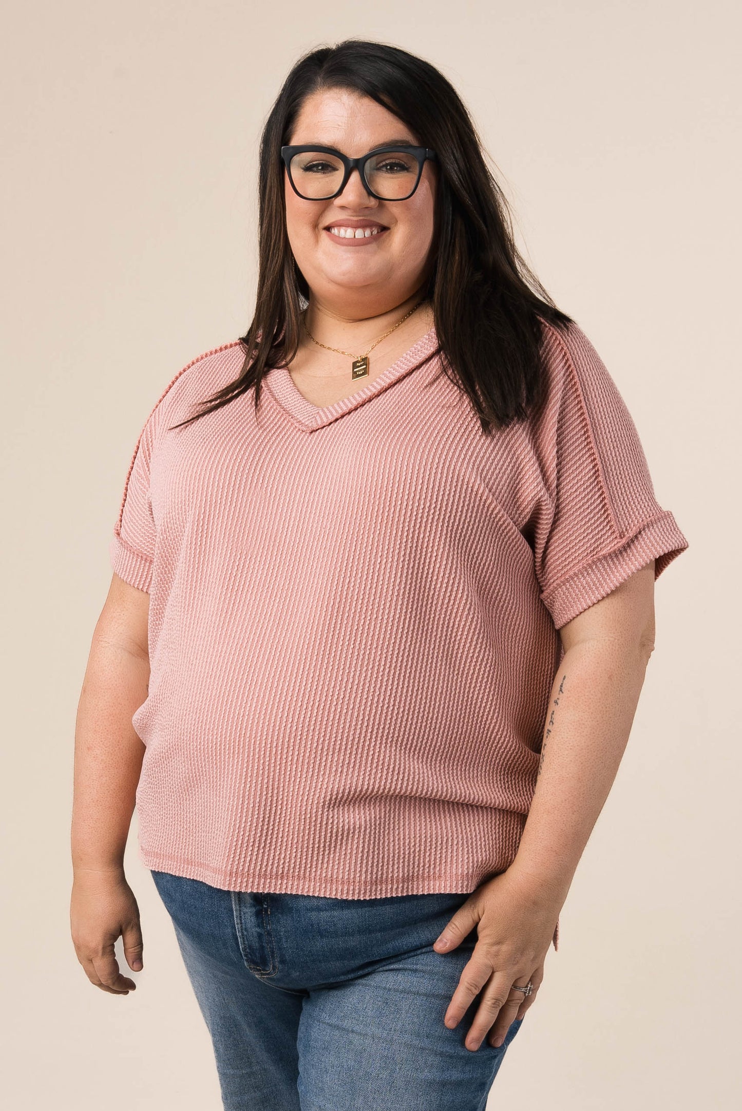 Corded Rib Exposed Seam V-Neck Top
