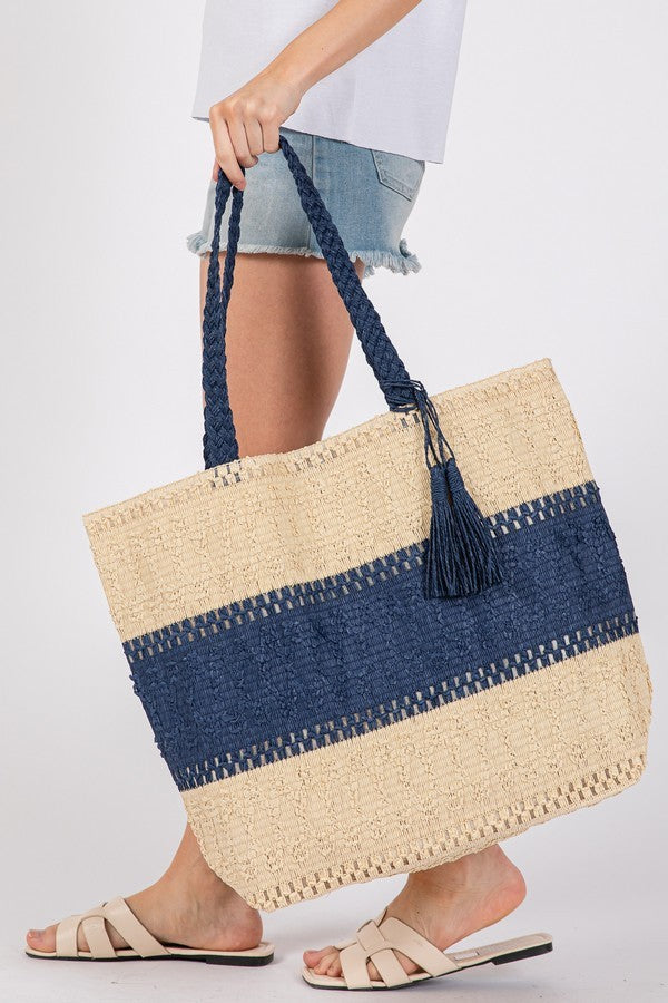 Beach House Color Block Tassel Tote