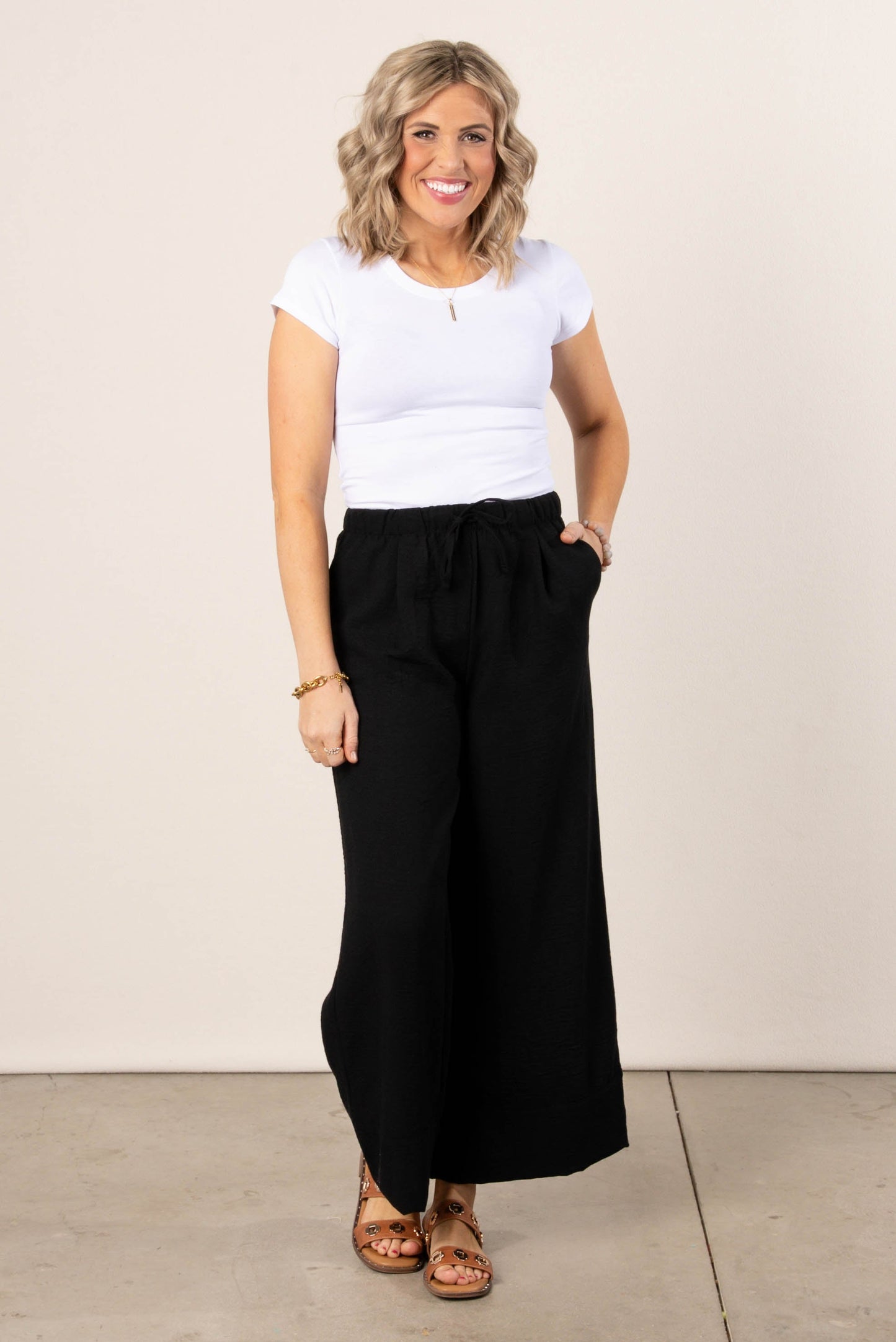 Textured Drawstring Palazzo Pants