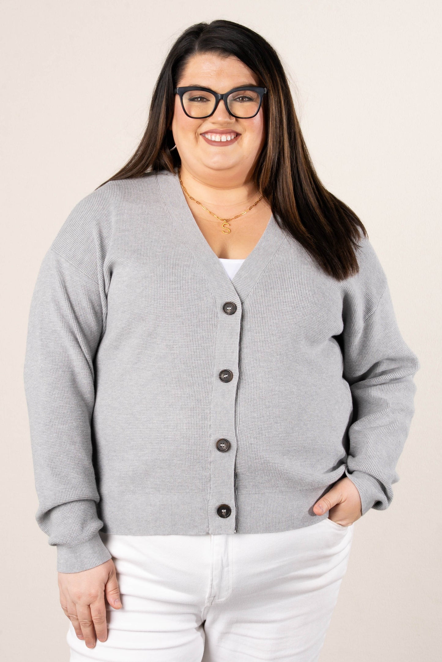 Mini Waffle Knit Button Up Cardigan