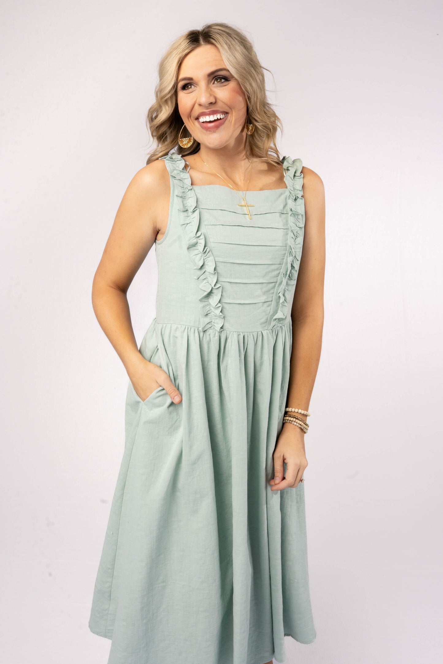 Pintucked Ruffle Detail Midi Dress Sage